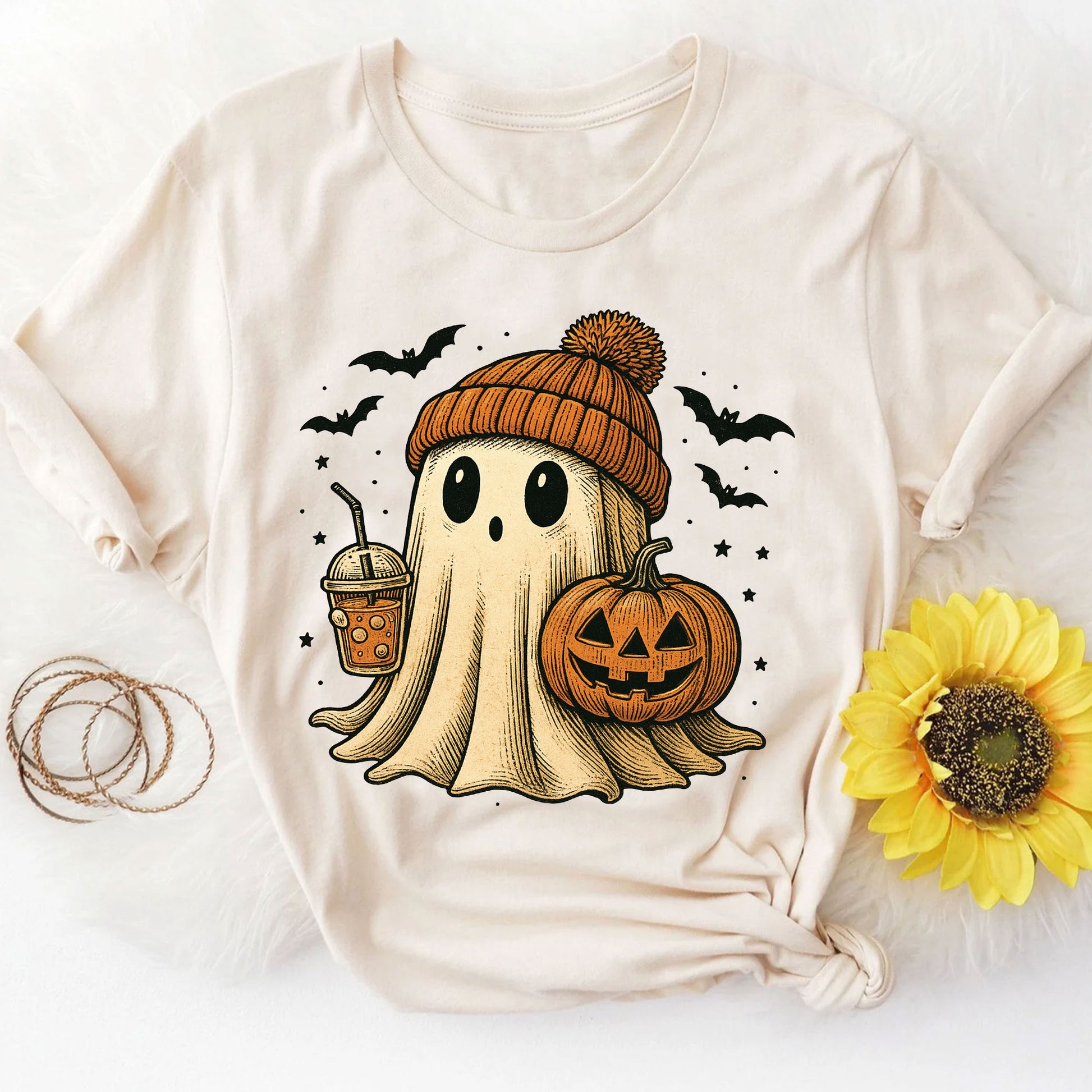 Cozy Halloween Ghost T-Shirt for Women – Cute Pumpkin & Bat Design, Casual Fall Fashion, Perfect for Spooky Season Celebrations
 - 8