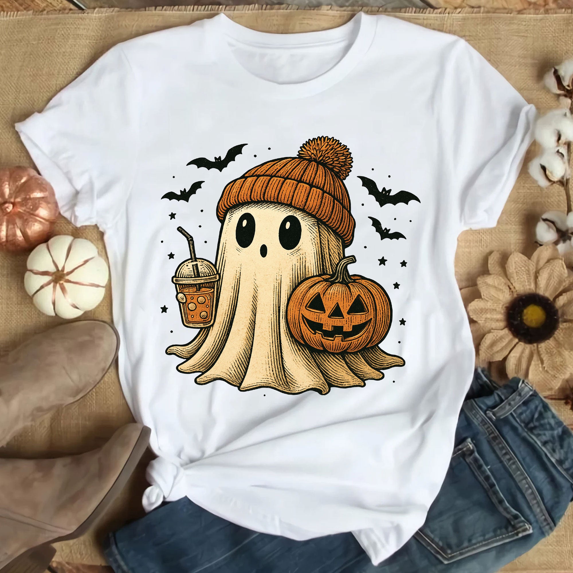 Cozy Halloween Ghost T-Shirt for Women – Cute Pumpkin & Bat Design, Casual Fall Fashion, Perfect for Spooky Season Celebrations
 - 9