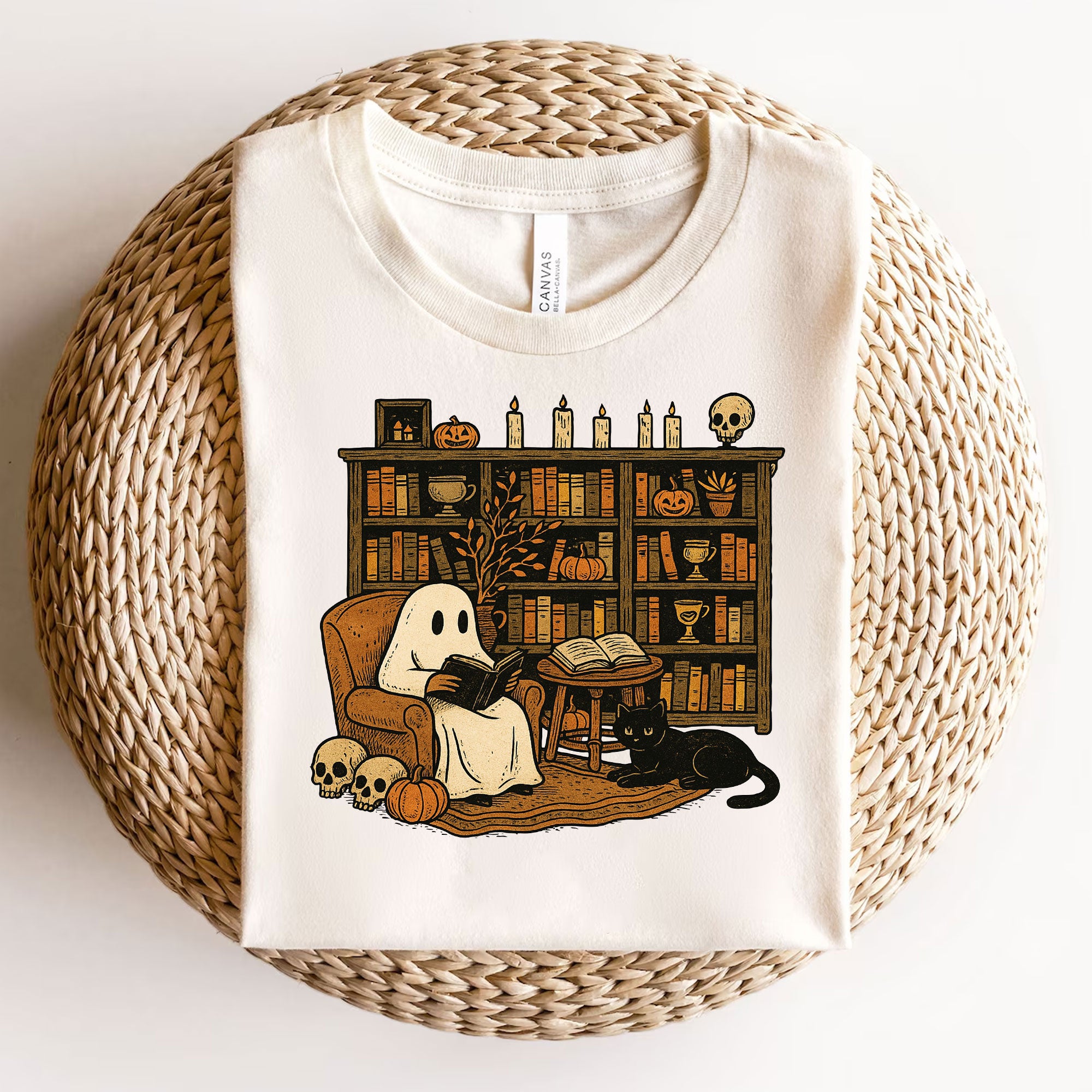 Cozy Halloween Ghost T-Shirt with Bookshelf, Cat, and Pumpkin – Perfect Spooky Fall Outfit for Book Lovers and Autumn Enthusiasts
 - 3