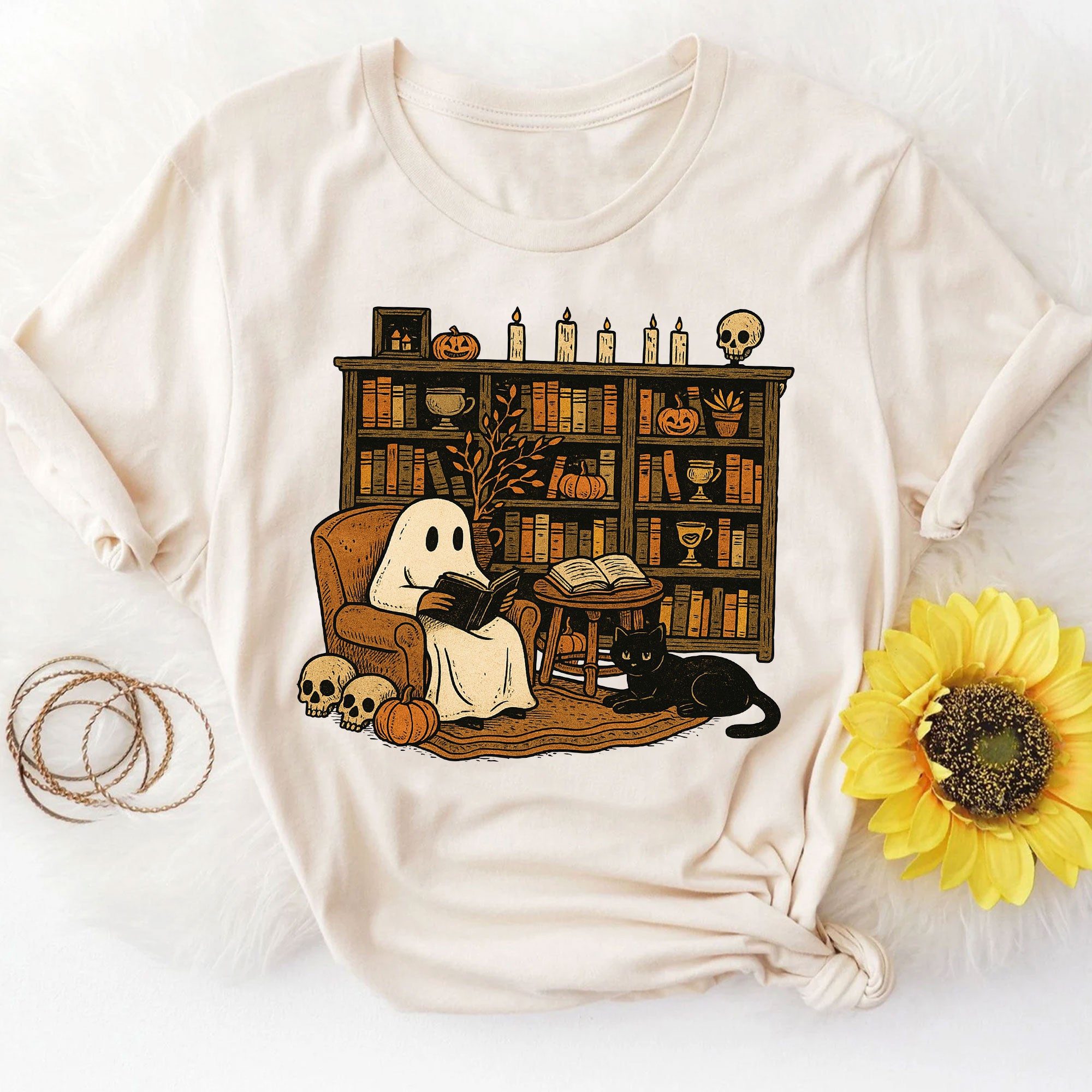 Cozy Halloween Ghost T-Shirt with Bookshelf, Cat, and Pumpkin – Perfect Spooky Fall Outfit for Book Lovers and Autumn Enthusiasts
 - 8