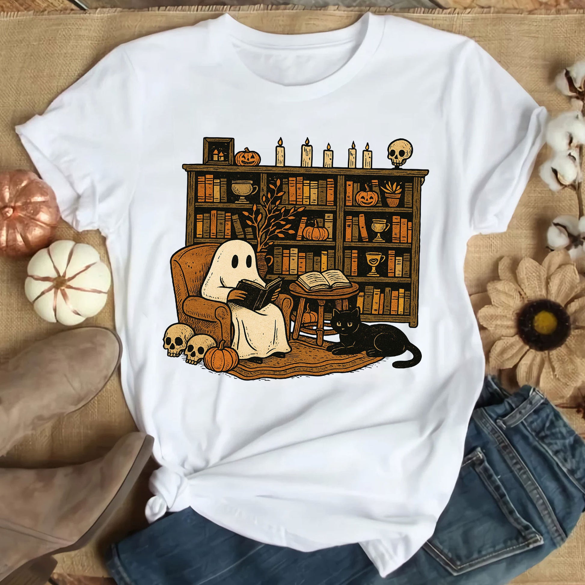 Cozy Halloween Ghost T-Shirt with Bookshelf, Cat, and Pumpkin – Perfect Spooky Fall Outfit for Book Lovers and Autumn Enthusiasts
 - 9