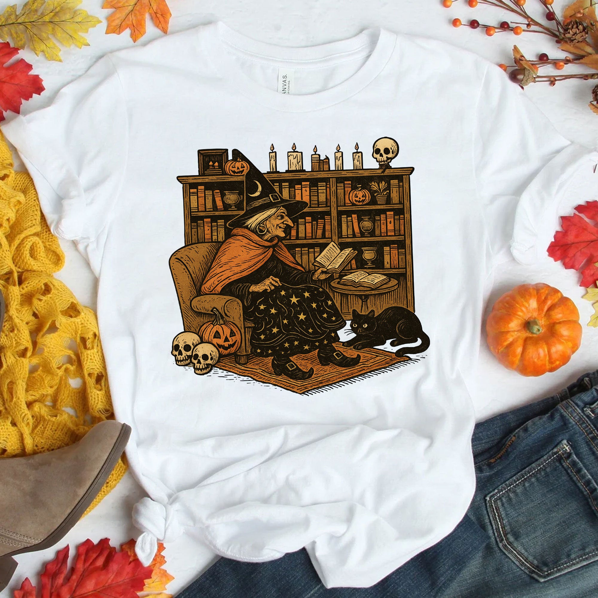 Cozy Halloween Witch Reading T-Shirt with Black Cat and Pumpkin Design – Perfect Spooky Season Gifts for Book Lovers and Cat Enthusiasts
 - 1
