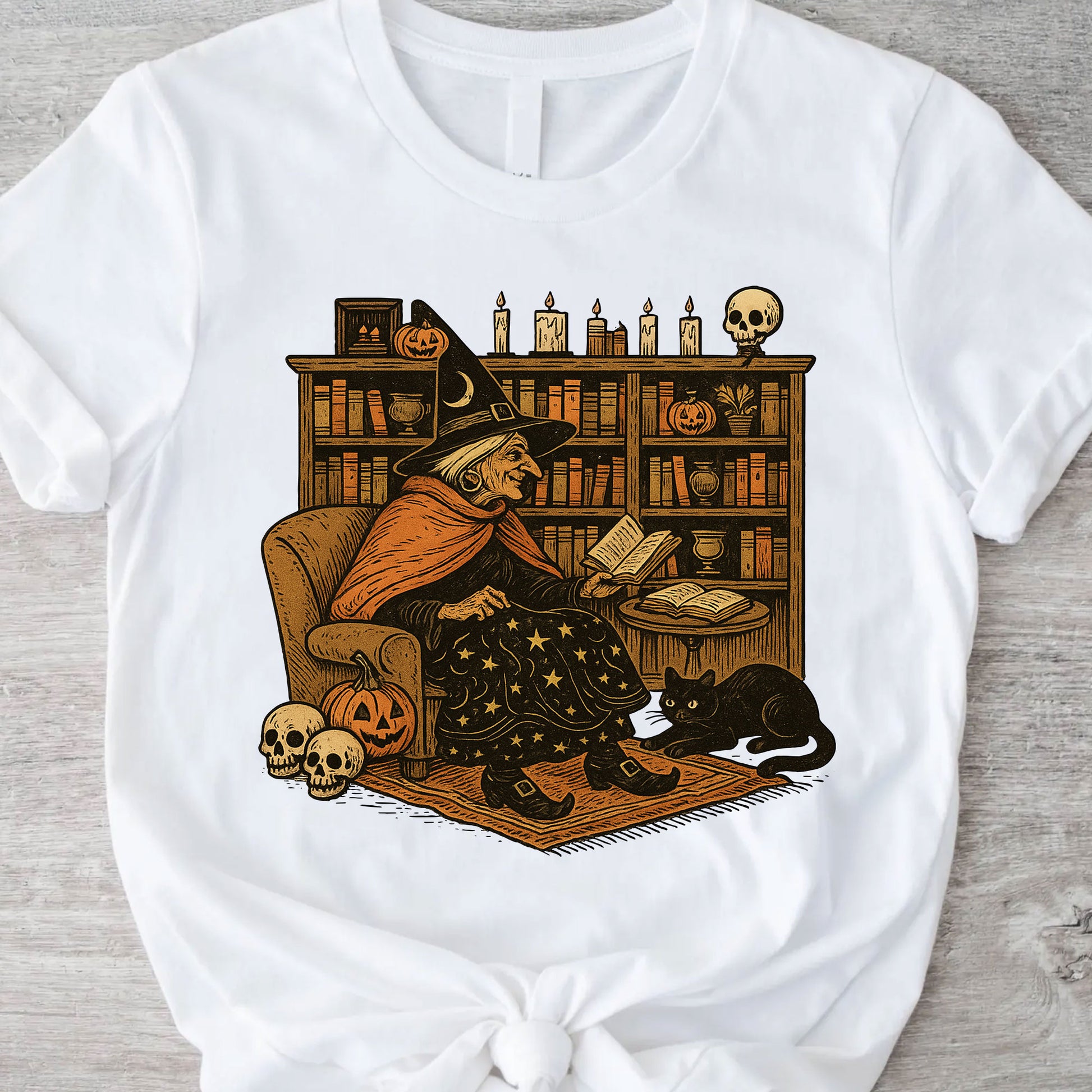 Cozy Halloween Witch Reading T-Shirt with Black Cat and Pumpkin Design – Perfect Spooky Season Gifts for Book Lovers and Cat Enthusiasts
 - 11
