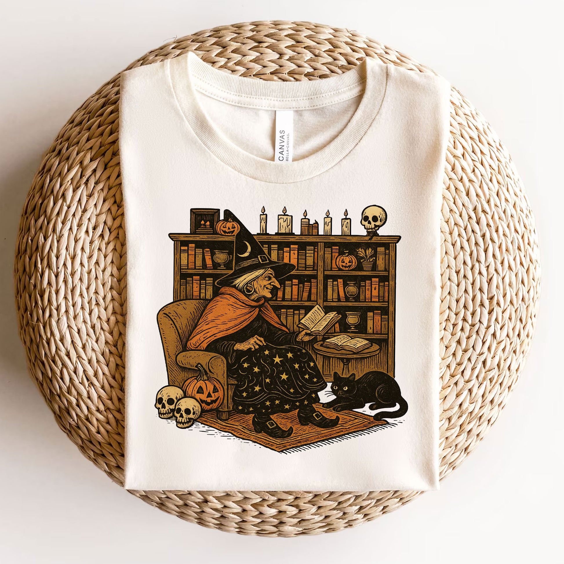 Cozy Halloween Witch Reading T-Shirt with Black Cat and Pumpkin Design – Perfect Spooky Season Gifts for Book Lovers and Cat Enthusiasts
 - 3