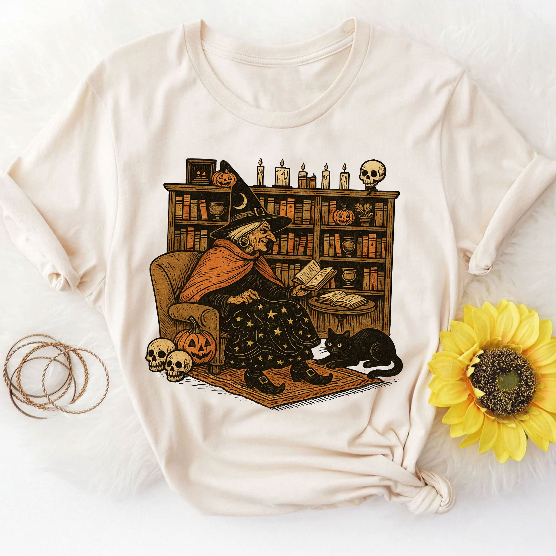 Cozy Halloween Witch Reading T-Shirt with Black Cat and Pumpkin Design – Perfect Spooky Season Gifts for Book Lovers and Cat Enthusiasts
 - 8