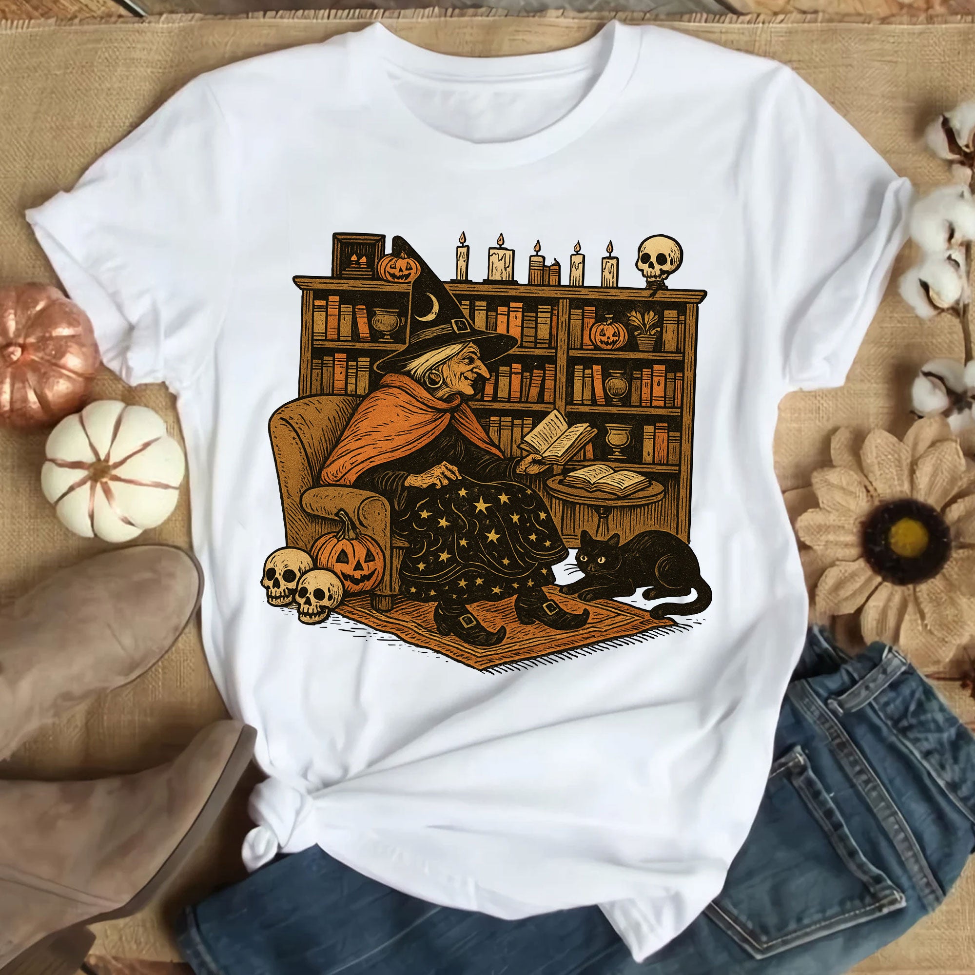 Cozy Halloween Witch Reading T-Shirt with Black Cat and Pumpkin Design – Perfect Spooky Season Gifts for Book Lovers and Cat Enthusiasts
 - 9