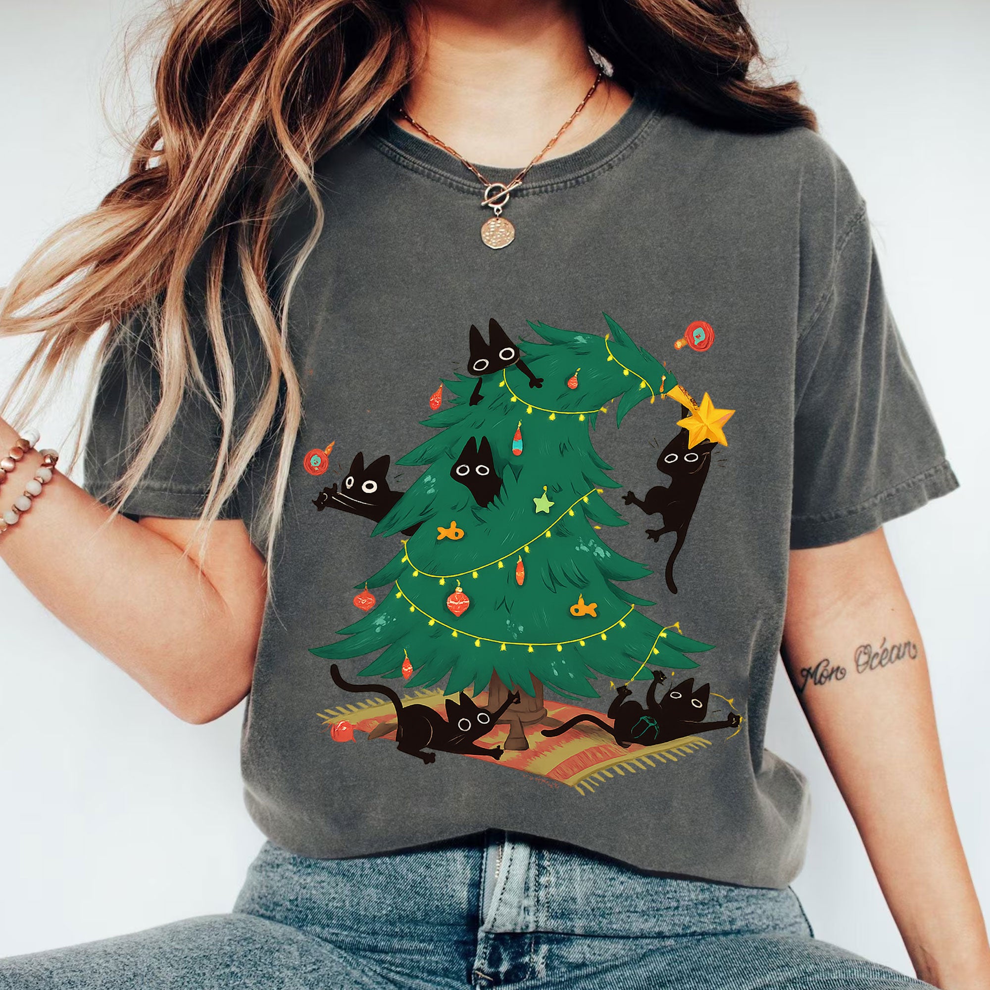 Cozy Holiday Cat Lover's T-Shirt with Christmas Tree and Black Cats Design - Perfect Funny Christmas Gift for Cat Owners
 - 1