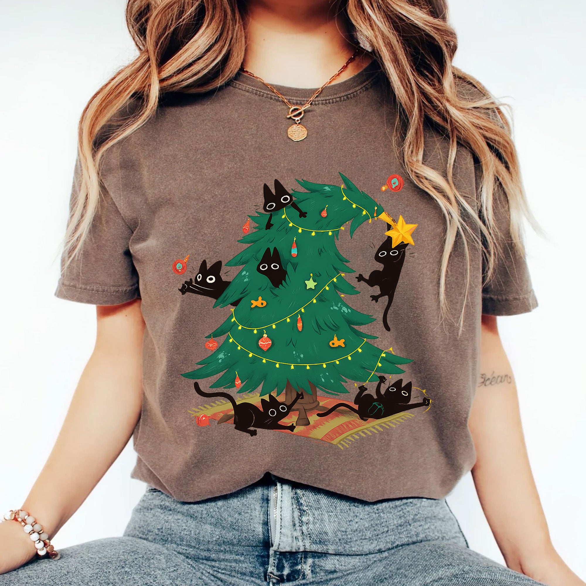 Cozy Holiday Cat Lover's T-Shirt with Christmas Tree and Black Cats Design - Perfect Funny Christmas Gift for Cat Owners
 - 2