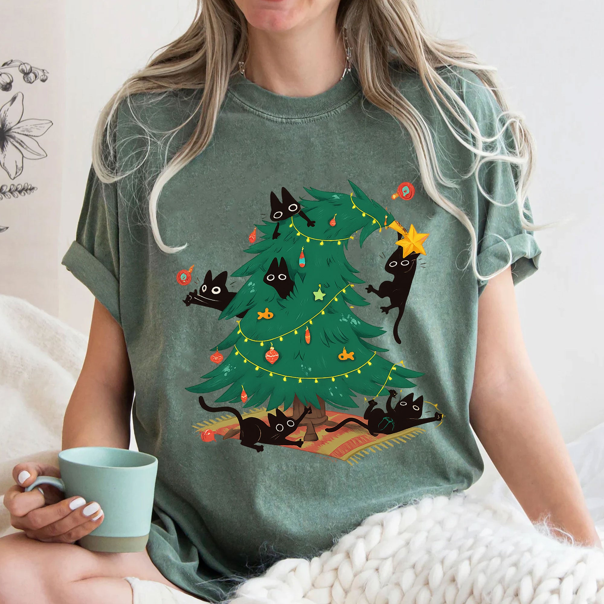Cozy Holiday Cat Lover's T-Shirt with Christmas Tree and Black Cats Design - Perfect Funny Christmas Gift for Cat Owners
 - 3