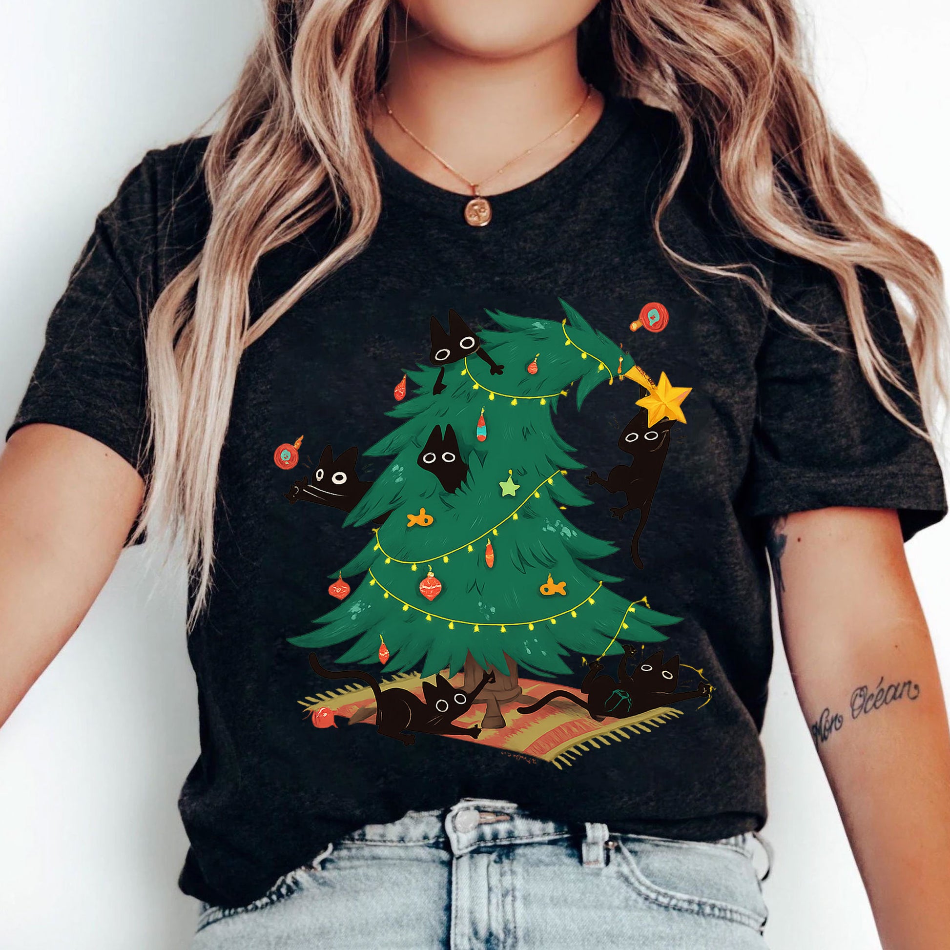 Cozy Holiday Cat Lover's T-Shirt with Christmas Tree and Black Cats Design - Perfect Funny Christmas Gift for Cat Owners
 - 5