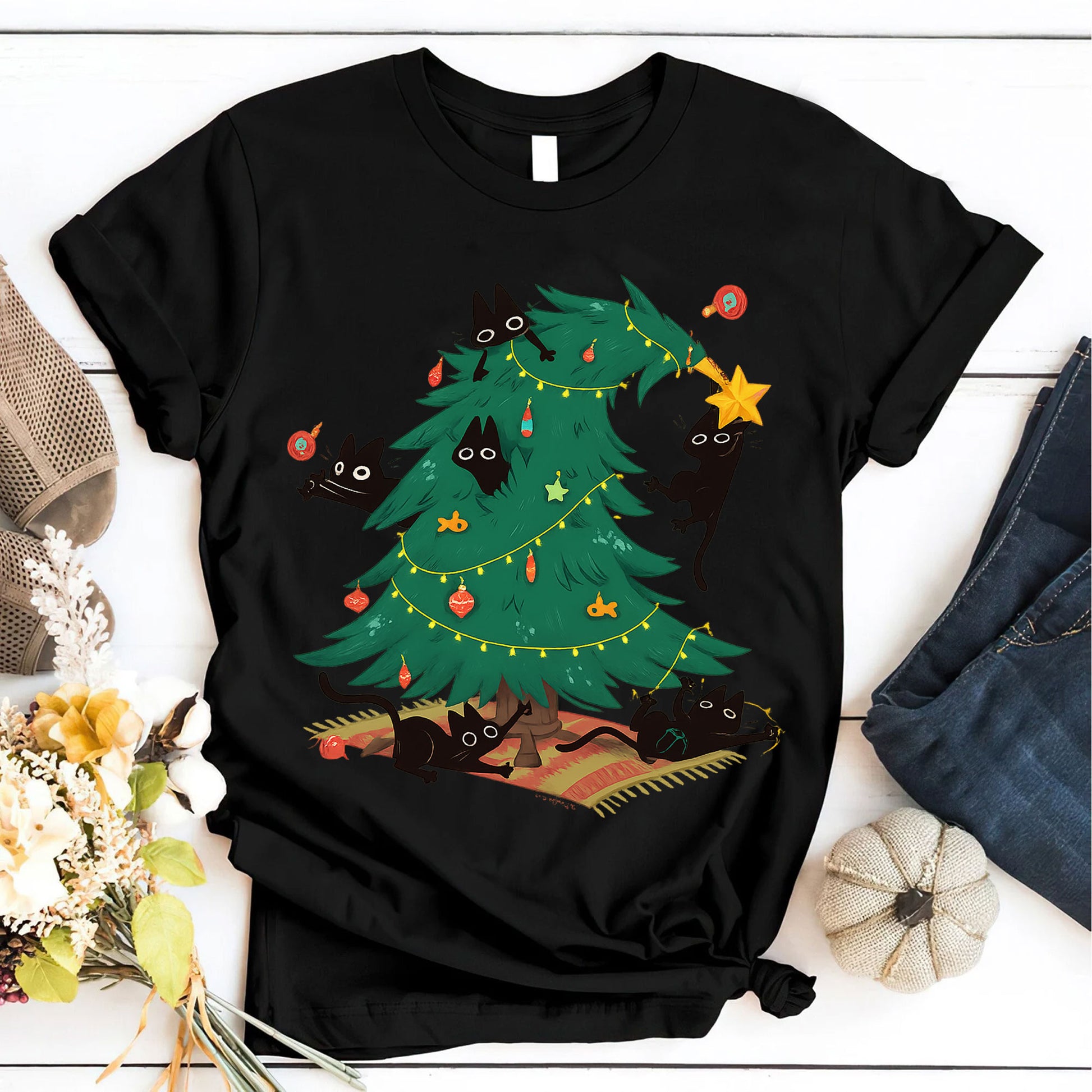Cozy Holiday Cat Lover's T-Shirt with Christmas Tree and Black Cats Design - Perfect Funny Christmas Gift for Cat Owners
 - 6
