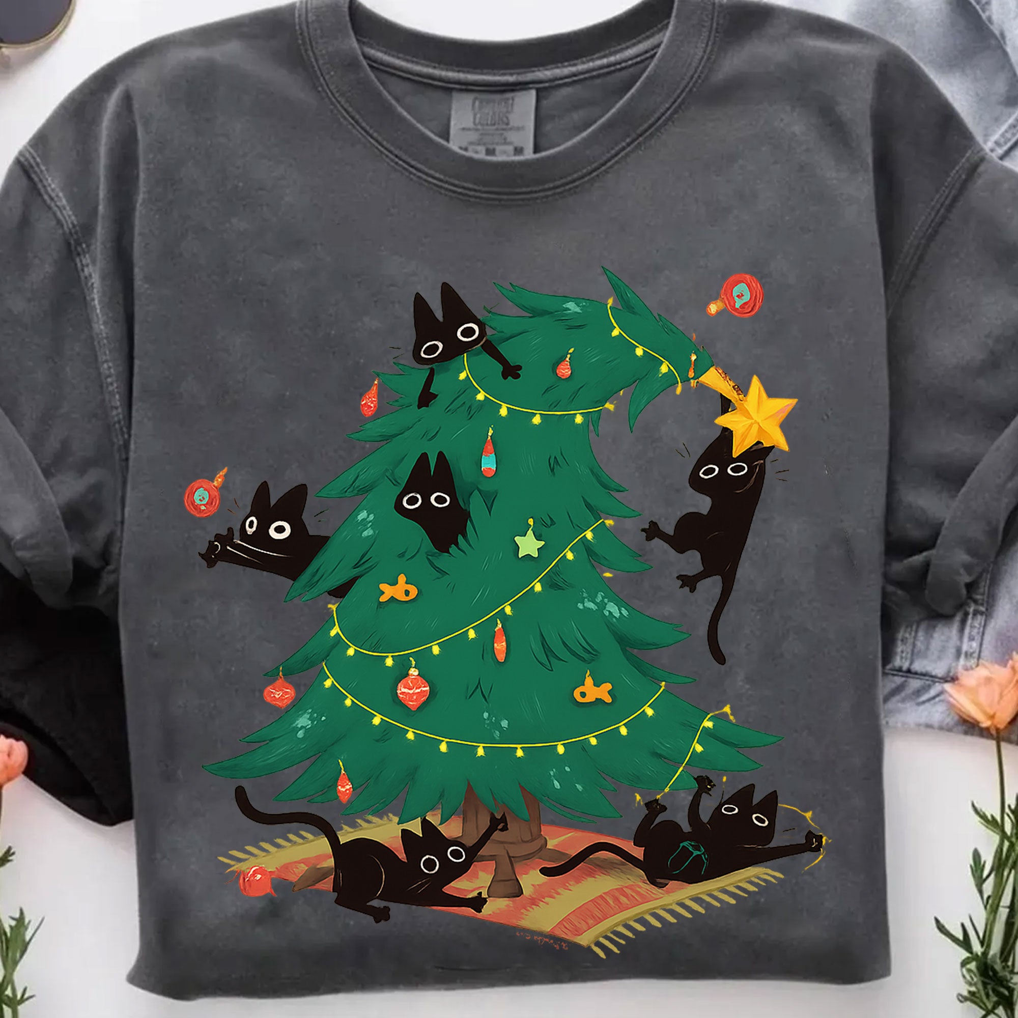 Cozy Holiday Cat Lover's T-Shirt with Christmas Tree and Black Cats Design - Perfect Funny Christmas Gift for Cat Owners
 - 7