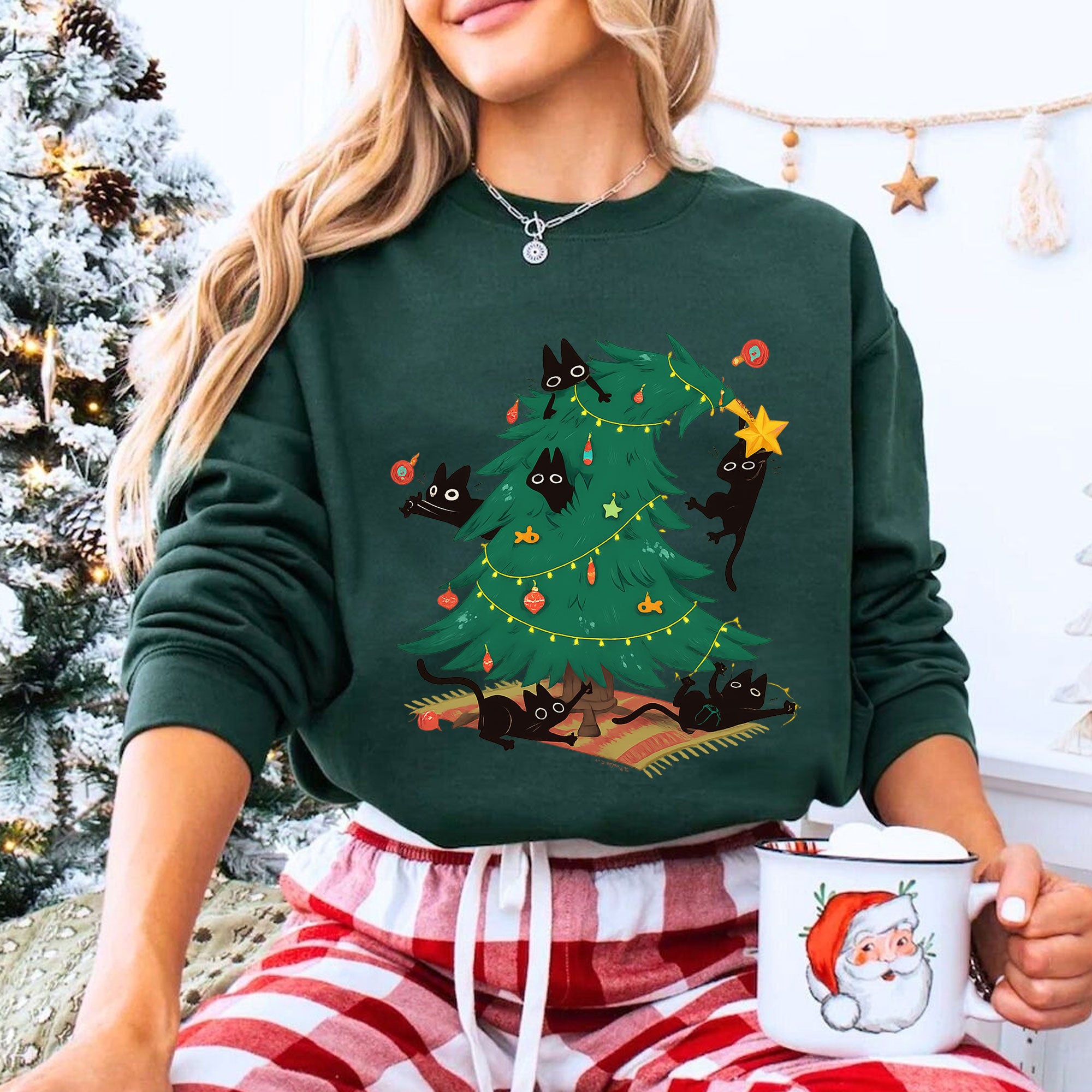 Cozy Holiday Cat Lover's T-Shirt with Christmas Tree and Black Cats Design - Perfect Funny Christmas Gift for Cat Owners
 - 8