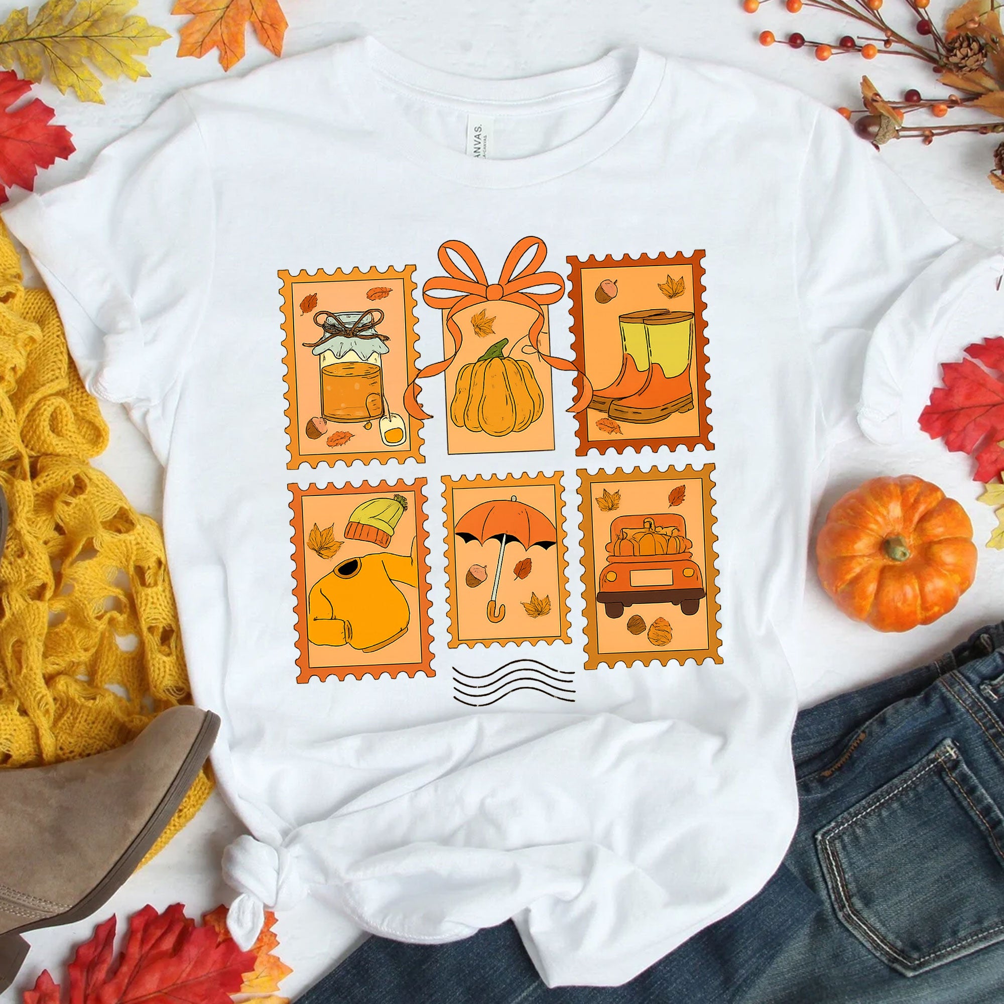 Cozy Thanksgiving Shirt with Vintage Stamp Print, Autumn Themed Tee Featuring Pumpkins, Fall Leaves, and Seasonal Icons for Celebrations
 - 1