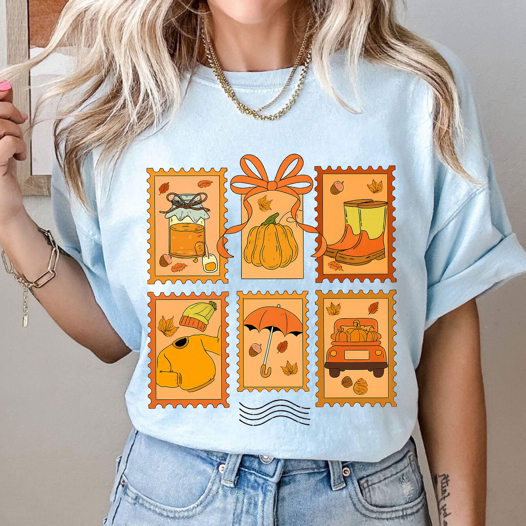 Cozy Thanksgiving Shirt with Vintage Stamp Print, Autumn Themed Tee Featuring Pumpkins, Fall Leaves, and Seasonal Icons for Celebrations
 - 10