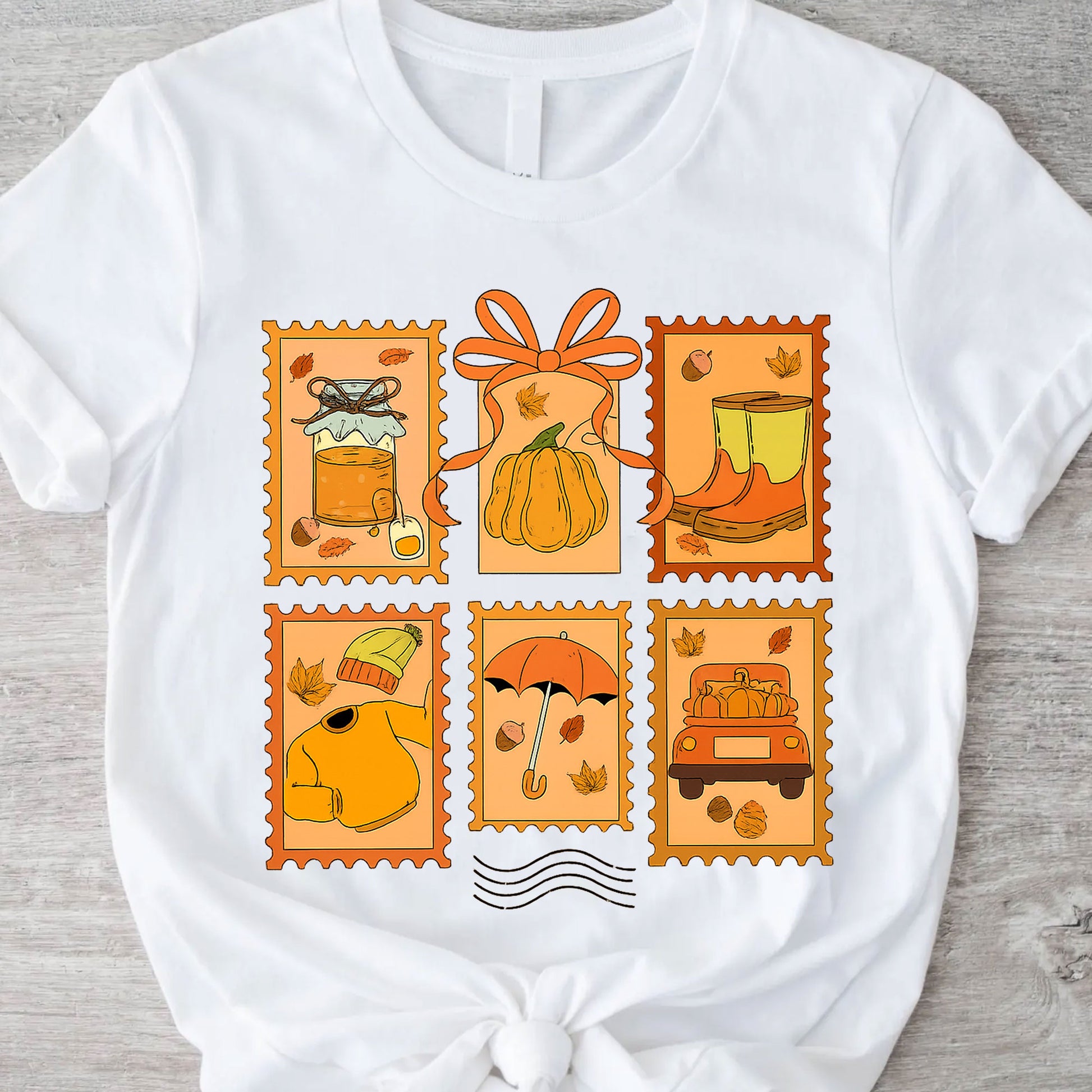 Cozy Thanksgiving Shirt with Vintage Stamp Print, Autumn Themed Tee Featuring Pumpkins, Fall Leaves, and Seasonal Icons for Celebrations
 - 11
