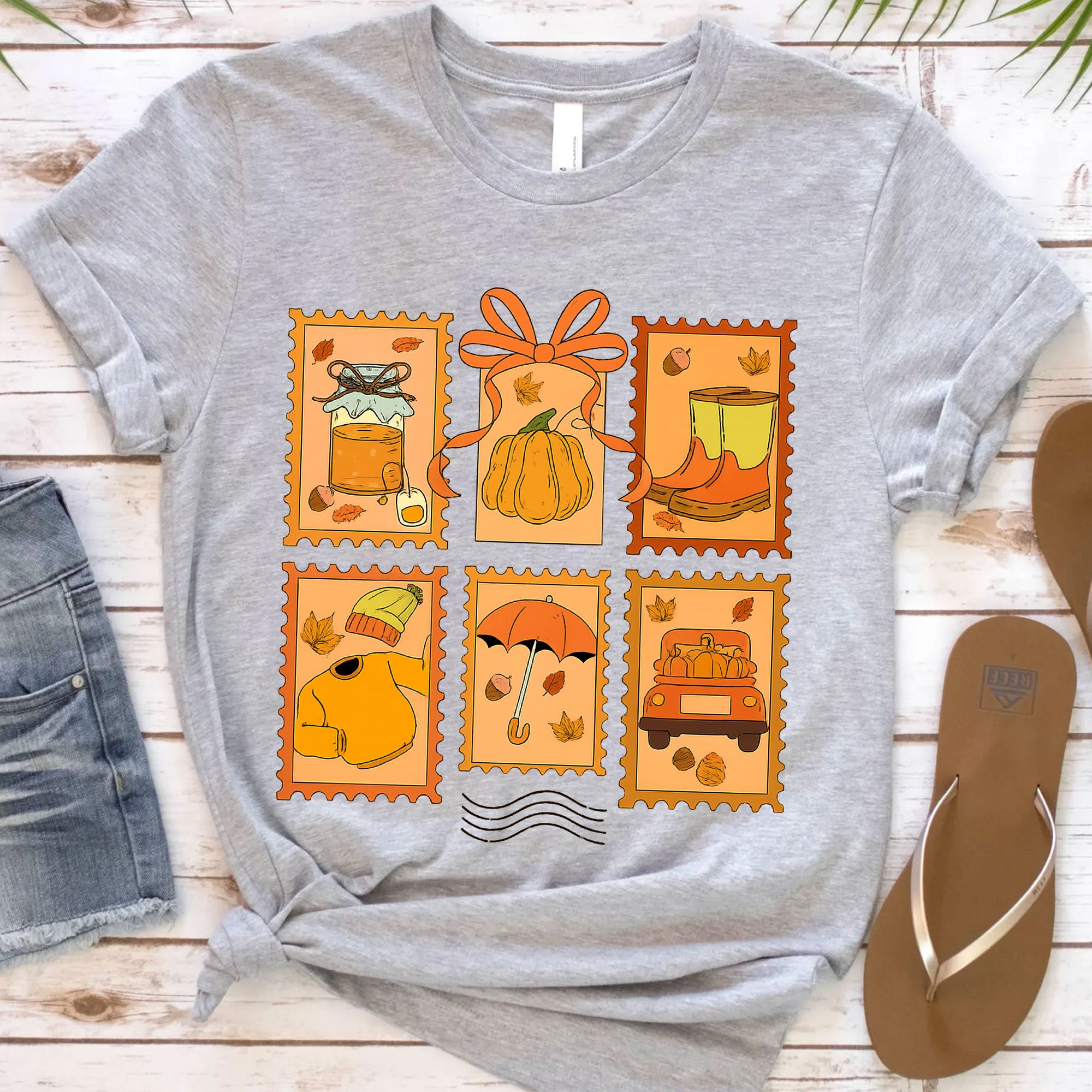 Cozy Thanksgiving Shirt with Vintage Stamp Print, Autumn Themed Tee Featuring Pumpkins, Fall Leaves, and Seasonal Icons for Celebrations
 - 12