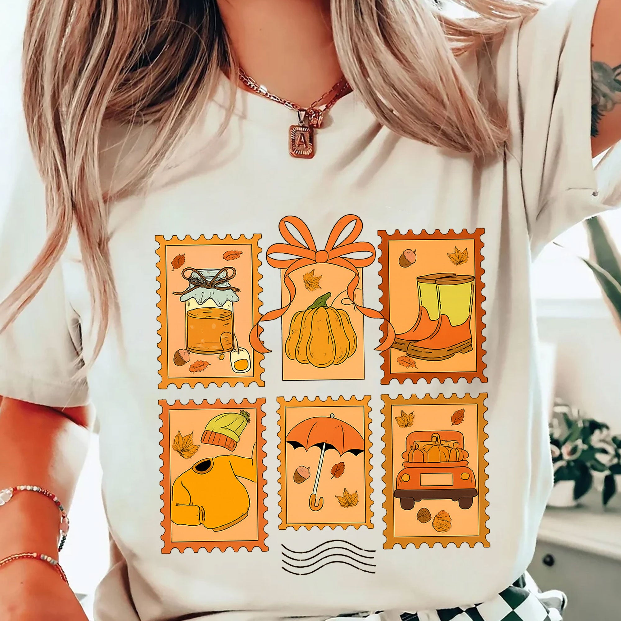 Cozy Thanksgiving Shirt with Vintage Stamp Print, Autumn Themed Tee Featuring Pumpkins, Fall Leaves, and Seasonal Icons for Celebrations
 - 2