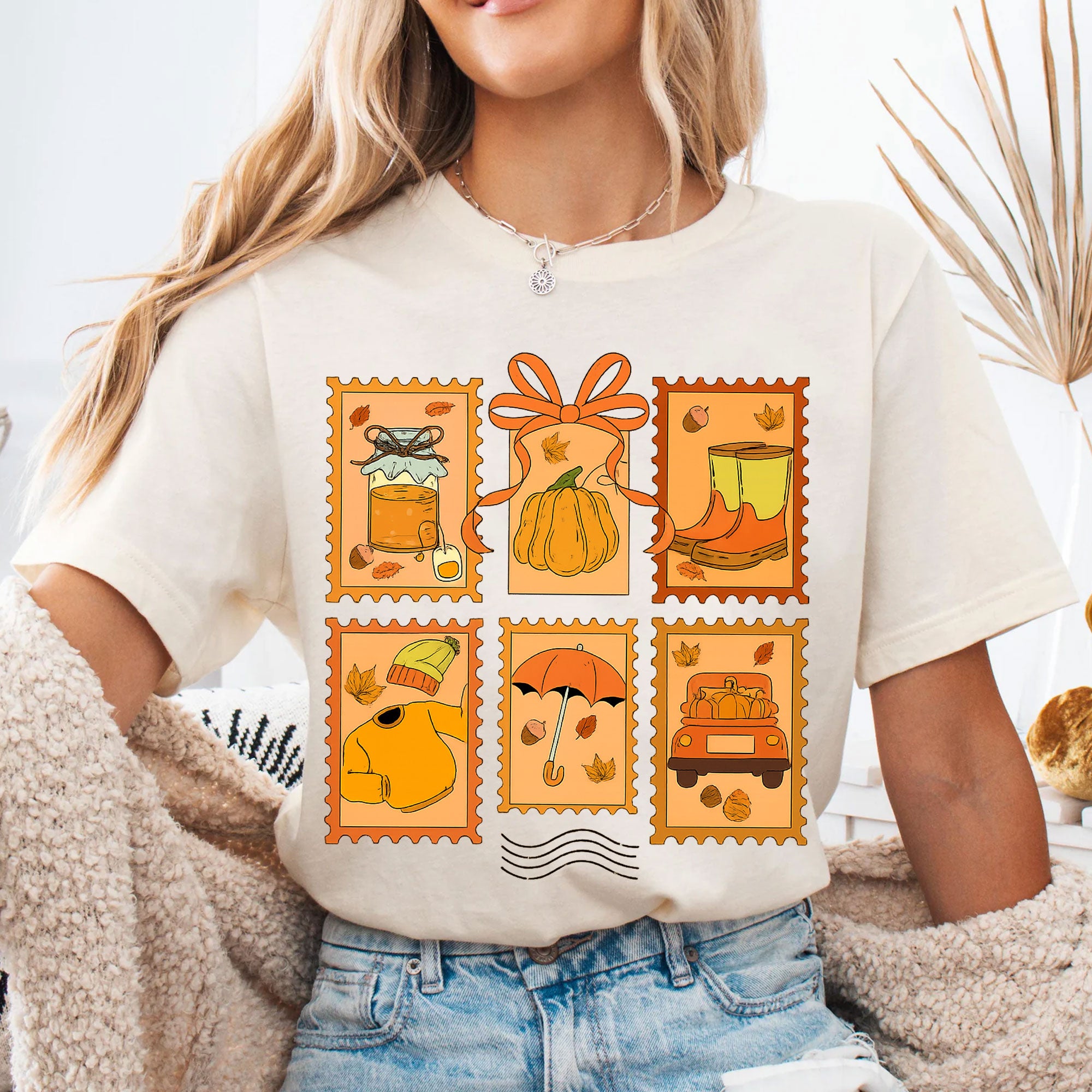 Cozy Thanksgiving Shirt with Vintage Stamp Print, Autumn Themed Tee Featuring Pumpkins, Fall Leaves, and Seasonal Icons for Celebrations
 - 4