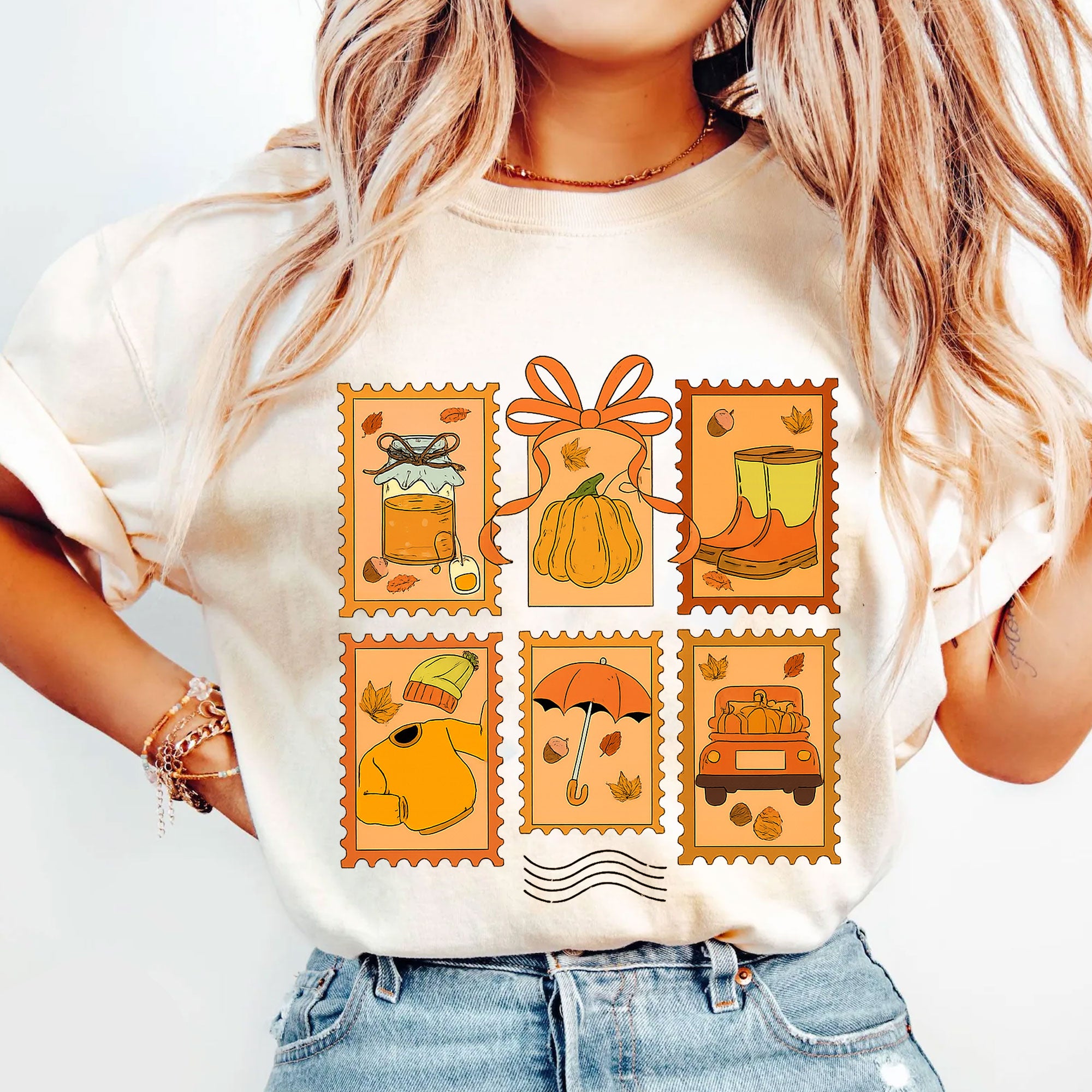Cozy Thanksgiving Shirt with Vintage Stamp Print, Autumn Themed Tee Featuring Pumpkins, Fall Leaves, and Seasonal Icons for Celebrations
 - 5