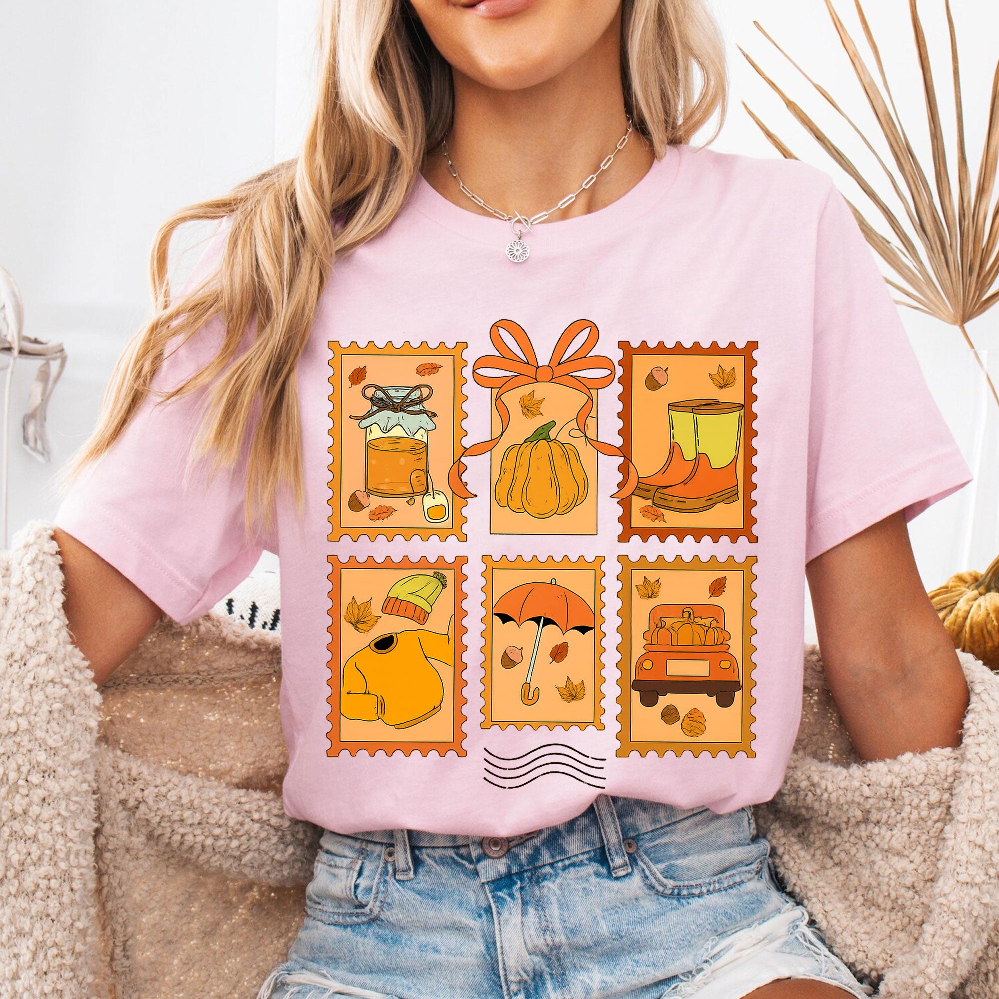 Cozy Thanksgiving Shirt with Vintage Stamp Print, Autumn Themed Tee Featuring Pumpkins, Fall Leaves, and Seasonal Icons for Celebrations
 - 6