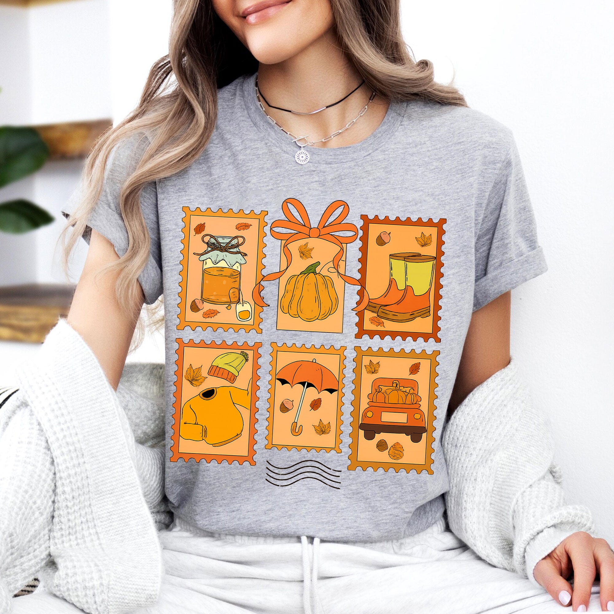 Cozy Thanksgiving Shirt with Vintage Stamp Print, Autumn Themed Tee Featuring Pumpkins, Fall Leaves, and Seasonal Icons for Celebrations
 - 7