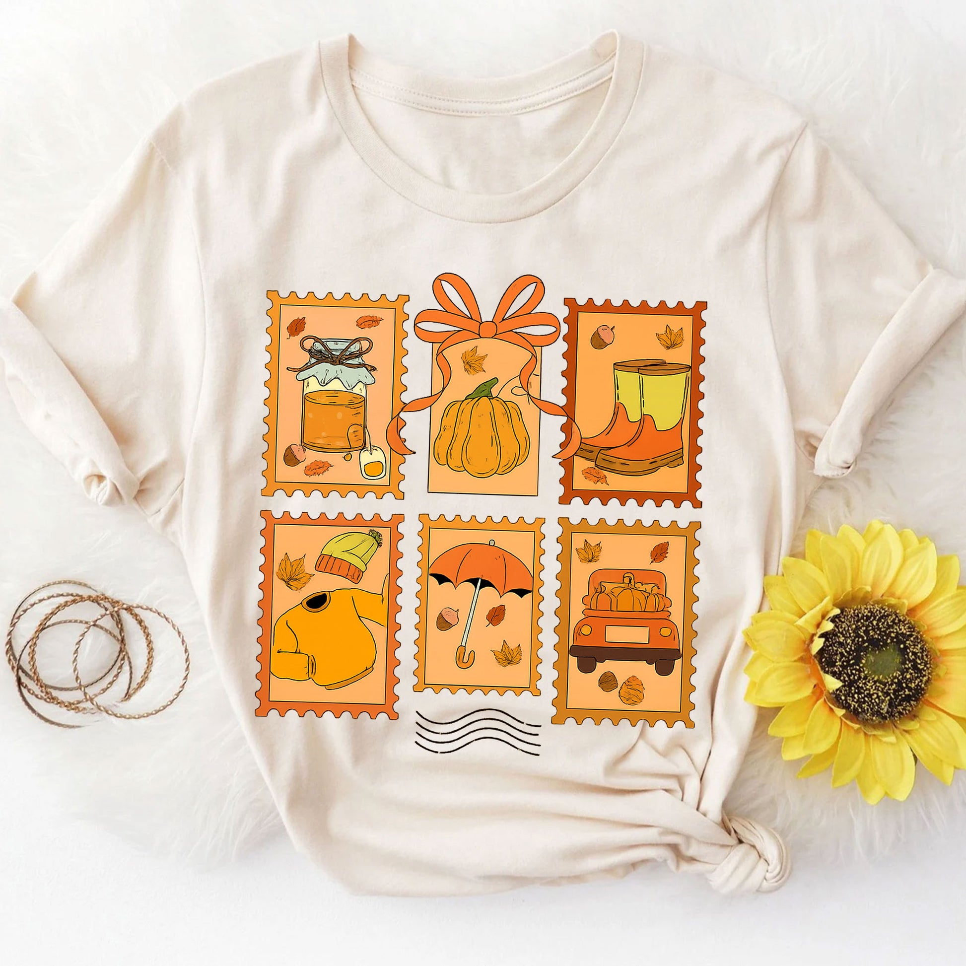 Cozy Thanksgiving Shirt with Vintage Stamp Print, Autumn Themed Tee Featuring Pumpkins, Fall Leaves, and Seasonal Icons for Celebrations
 - 8