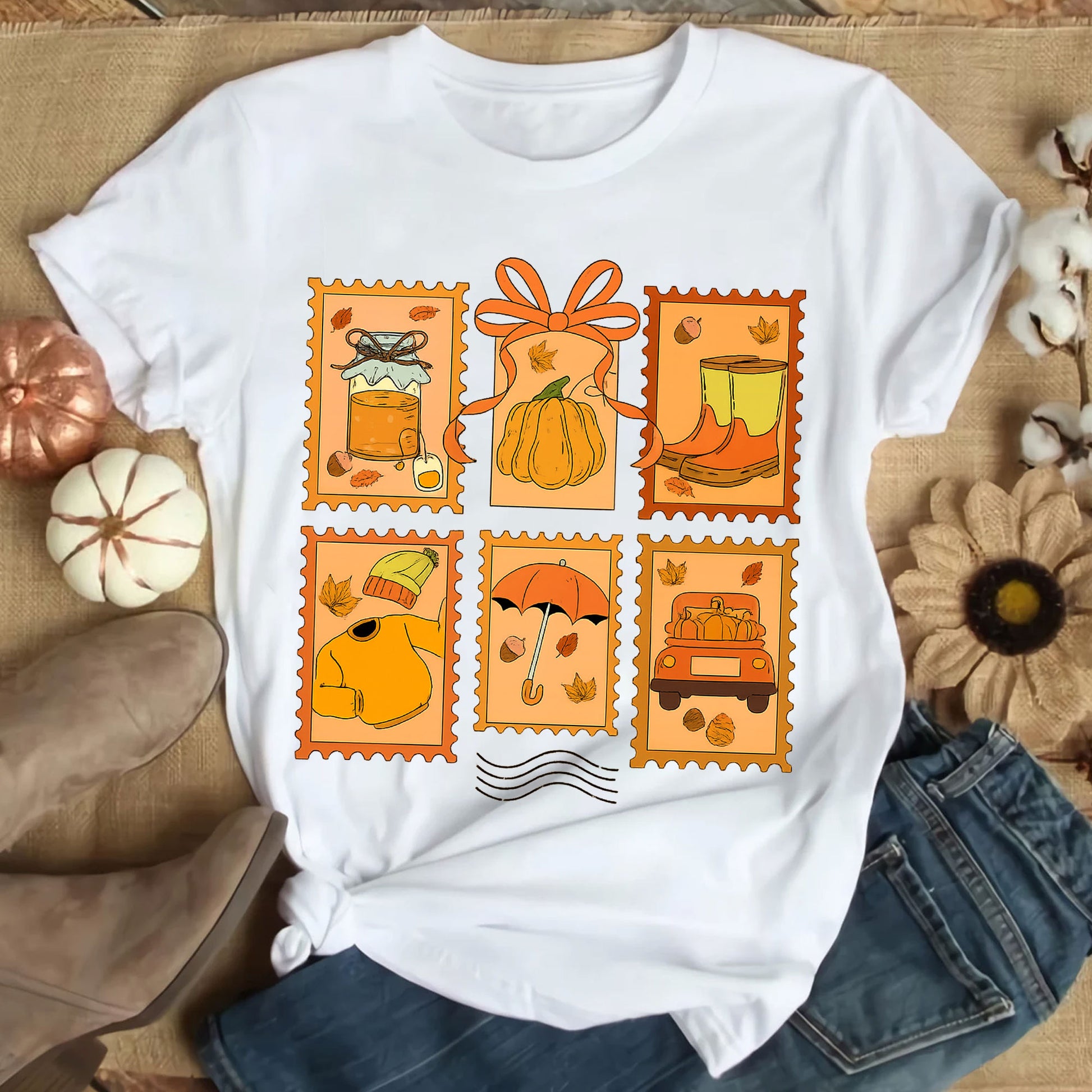 Cozy Thanksgiving Shirt with Vintage Stamp Print, Autumn Themed Tee Featuring Pumpkins, Fall Leaves, and Seasonal Icons for Celebrations
 - 9
