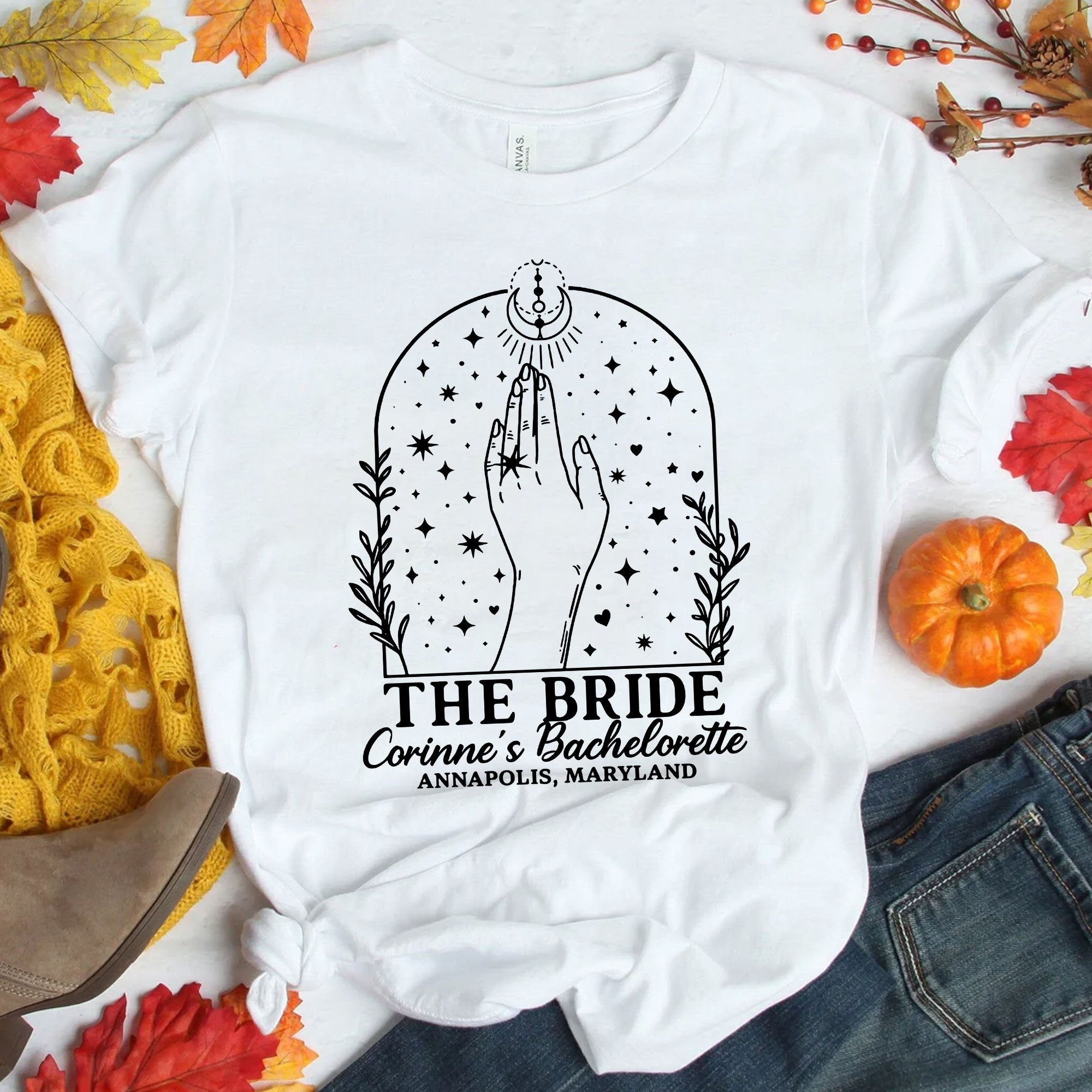 Custom Bachelorette Party T-Shirt for Bride with Celestial Design - Unique Personalized Bridal Shower Gift Idea, Annapolis, MD
 - 1