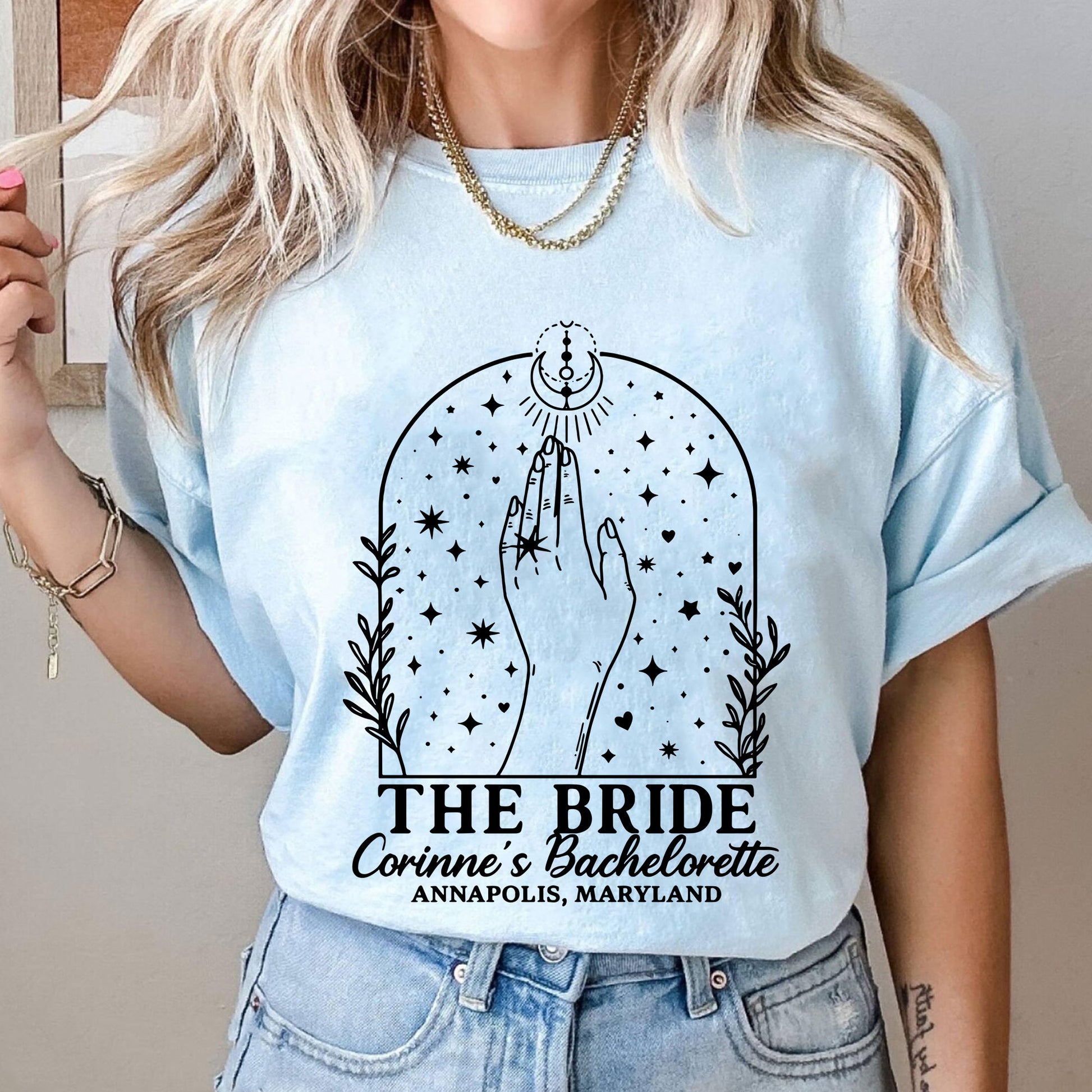 Custom Bachelorette Party T-Shirt for Bride with Celestial Design - Unique Personalized Bridal Shower Gift Idea, Annapolis, MD
 - 10