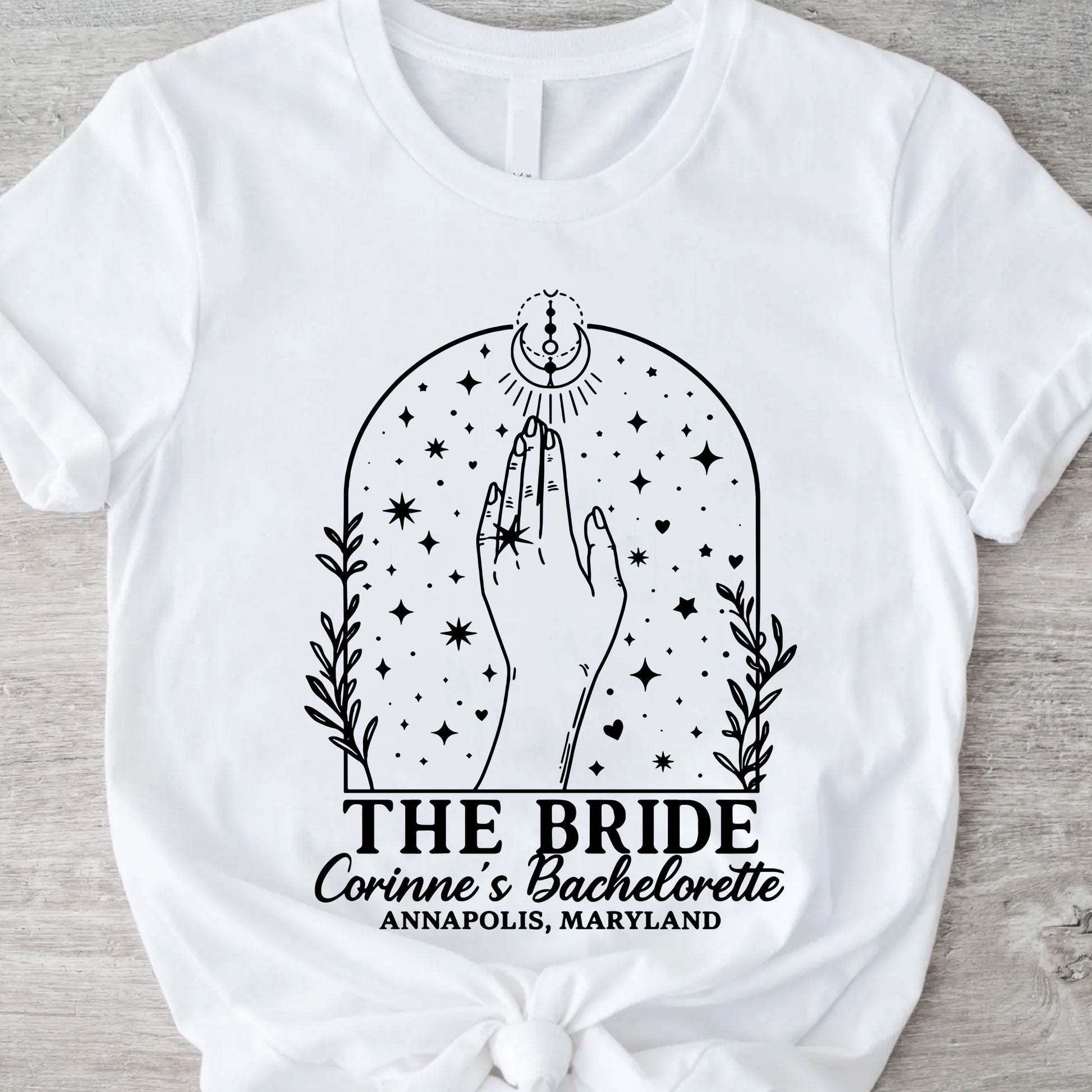 Custom Bachelorette Party T-Shirt for Bride with Celestial Design - Unique Personalized Bridal Shower Gift Idea, Annapolis, MD
 - 11