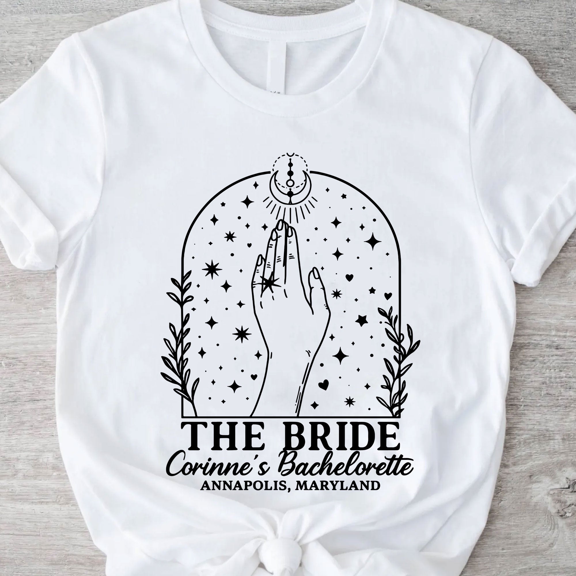 Custom Bachelorette Party T-Shirt for Bride with Celestial Design - Unique Personalized Bridal Shower Gift Idea, Annapolis, MD
 - 11