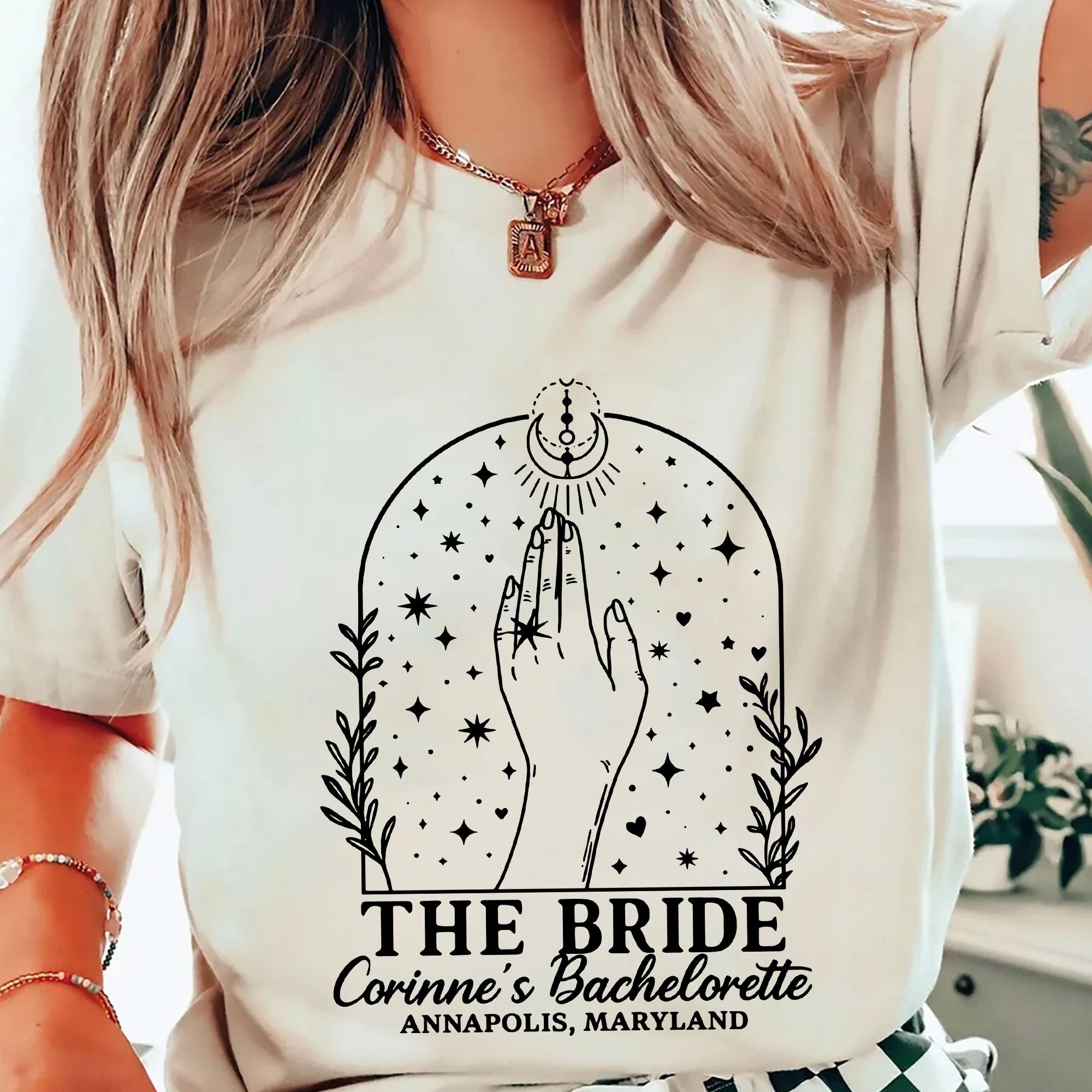Custom Bachelorette Party T-Shirt for Bride with Celestial Design - Unique Personalized Bridal Shower Gift Idea, Annapolis, MD
 - 2