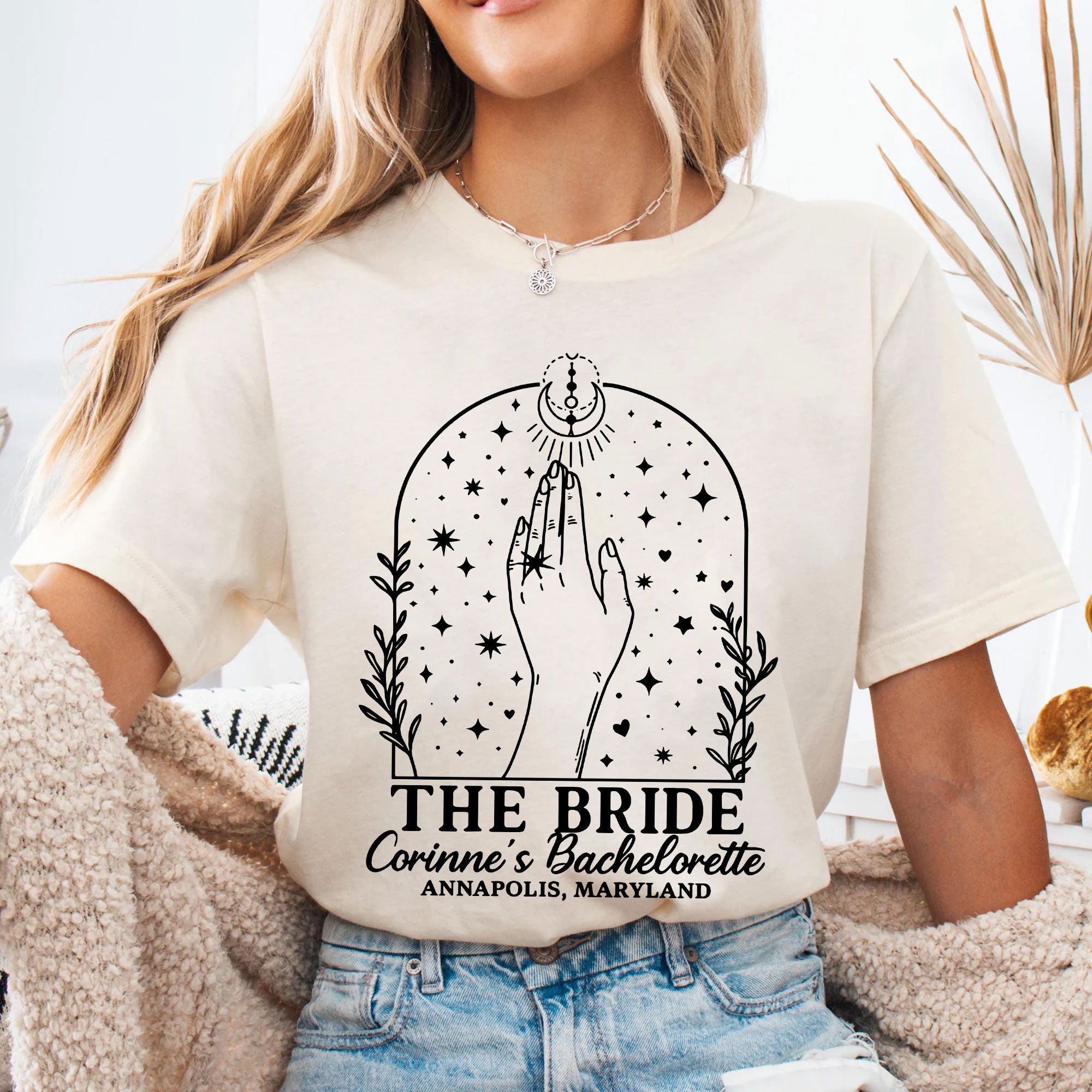 Custom Bachelorette Party T-Shirt for Bride with Celestial Design - Unique Personalized Bridal Shower Gift Idea, Annapolis, MD
 - 4