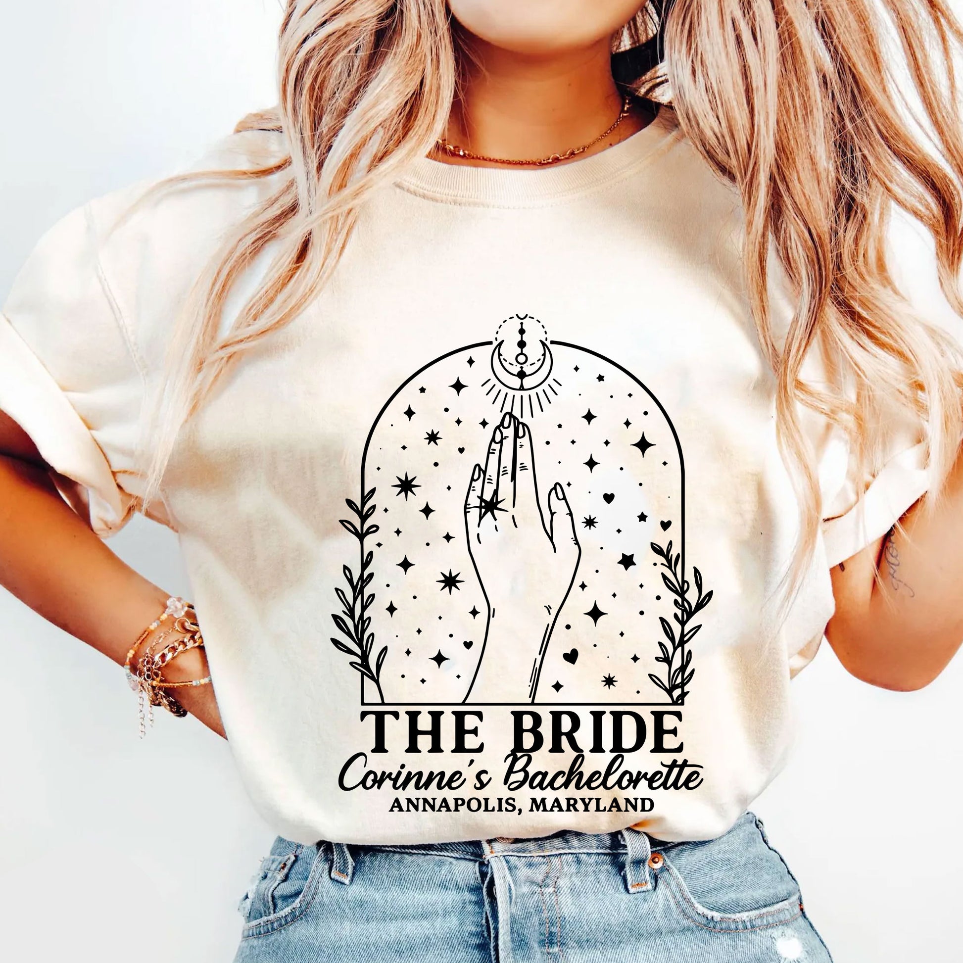 Custom Bachelorette Party T-Shirt for Bride with Celestial Design - Unique Personalized Bridal Shower Gift Idea, Annapolis, MD
 - 5