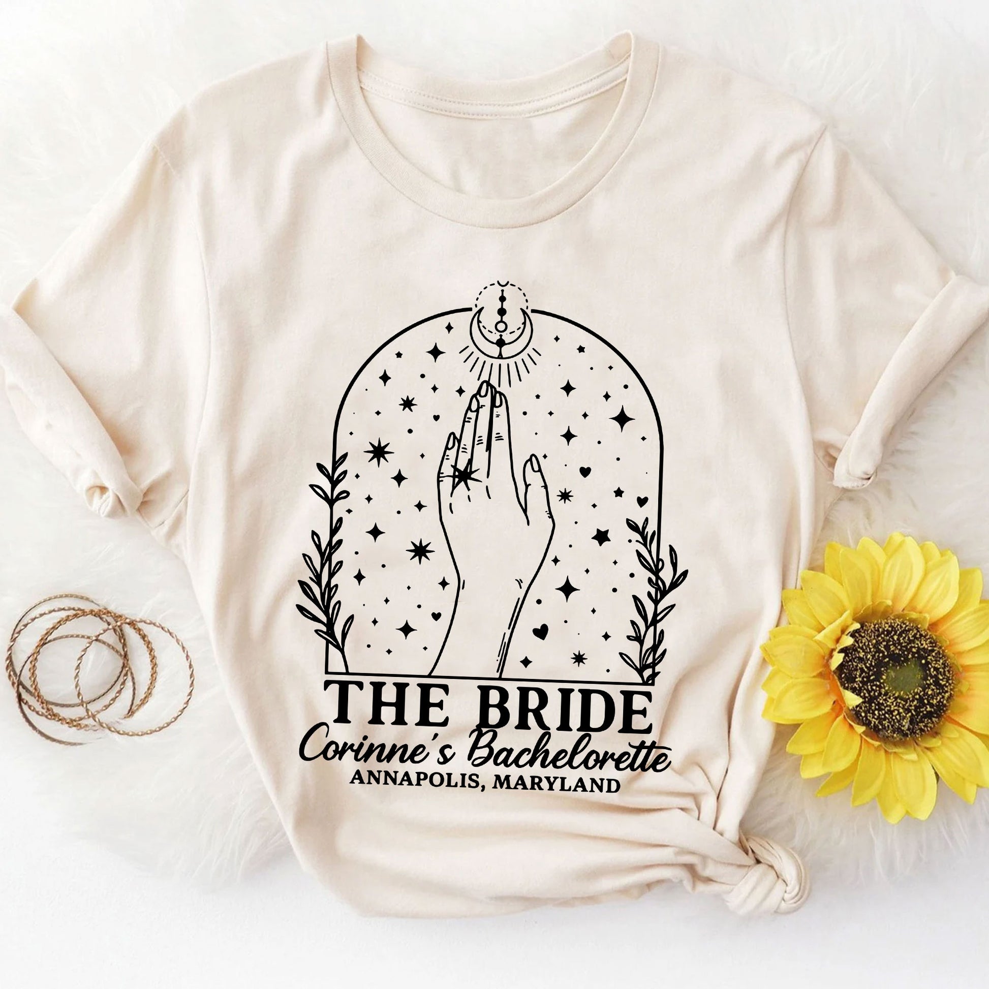 Custom Bachelorette Party T-Shirt for Bride with Celestial Design - Unique Personalized Bridal Shower Gift Idea, Annapolis, MD
 - 8