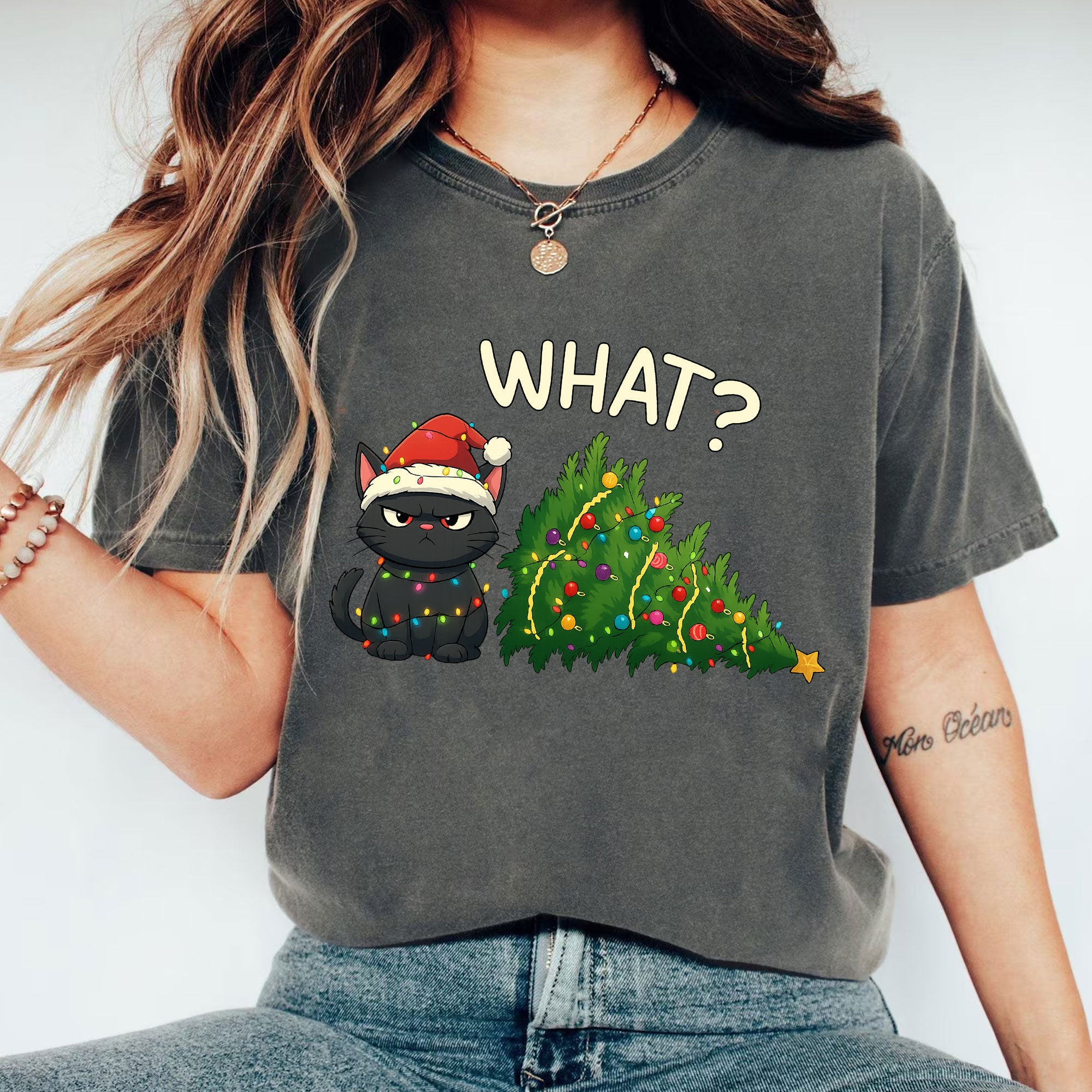 Cute Grumpy Cat Christmas T-Shirt Gift for Cat Lovers - Funny Xmas Design with Cat Wearing Santa Hat and Tree Decoration, Soft Tee
 - 1