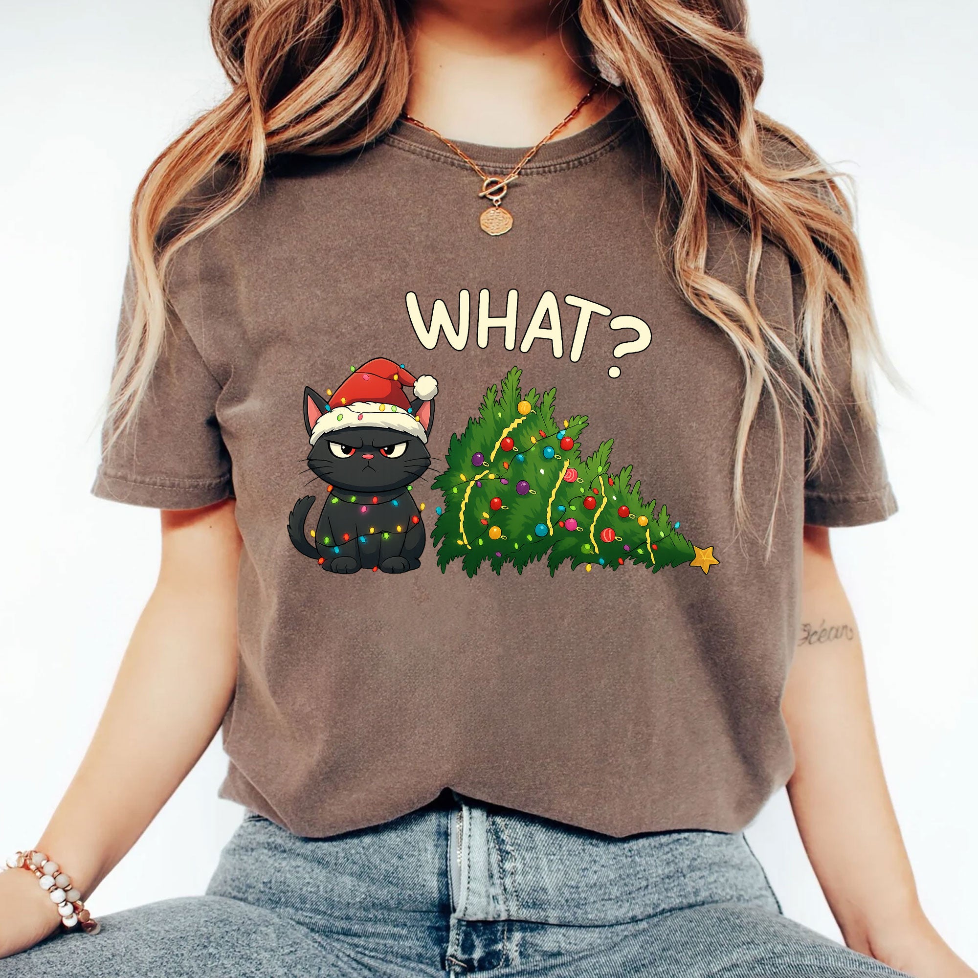 Cute Grumpy Cat Christmas T-Shirt Gift for Cat Lovers - Funny Xmas Design with Cat Wearing Santa Hat and Tree Decoration, Soft Tee
 - 2