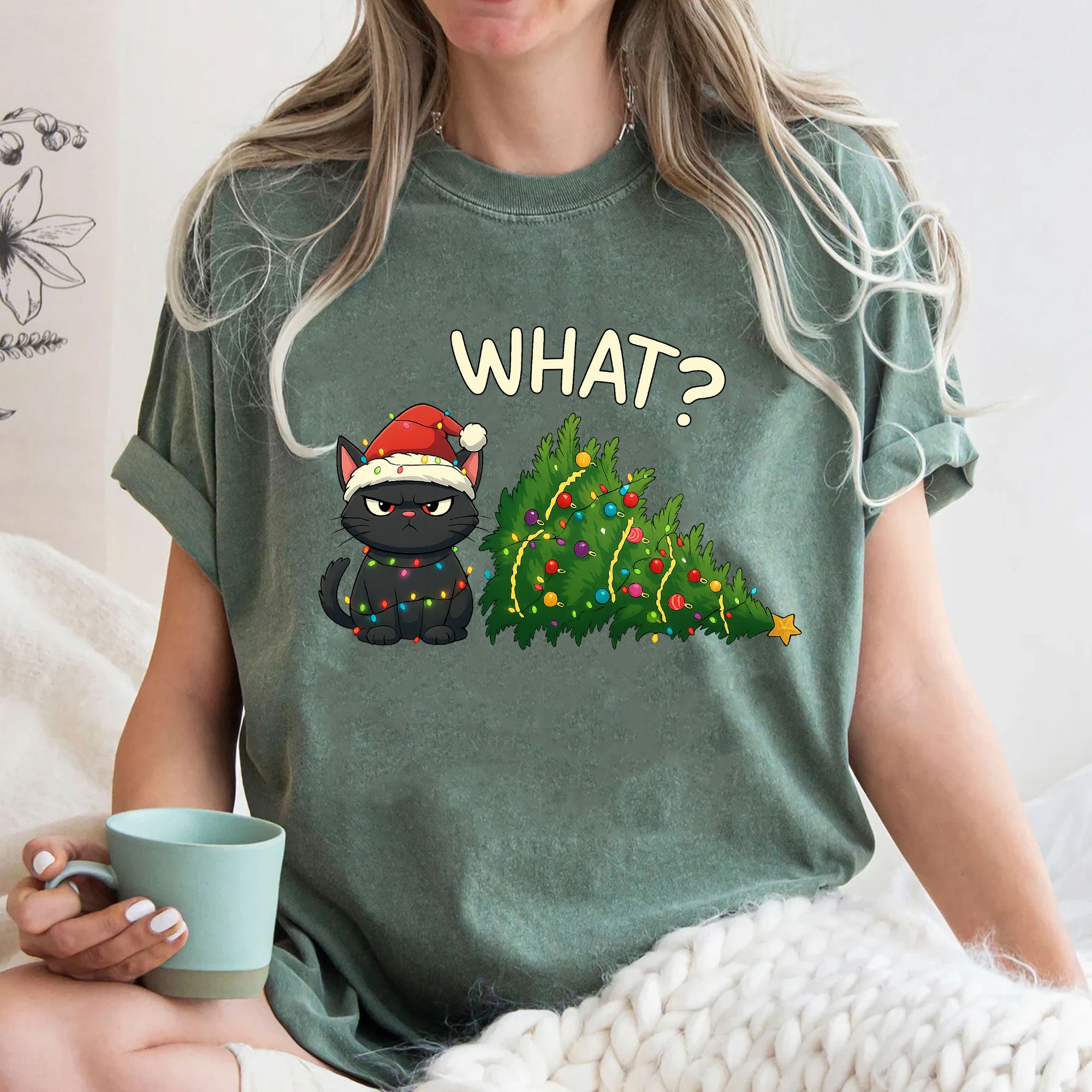 Cute Grumpy Cat Christmas T-Shirt Gift for Cat Lovers - Funny Xmas Design with Cat Wearing Santa Hat and Tree Decoration, Soft Tee
 - 3