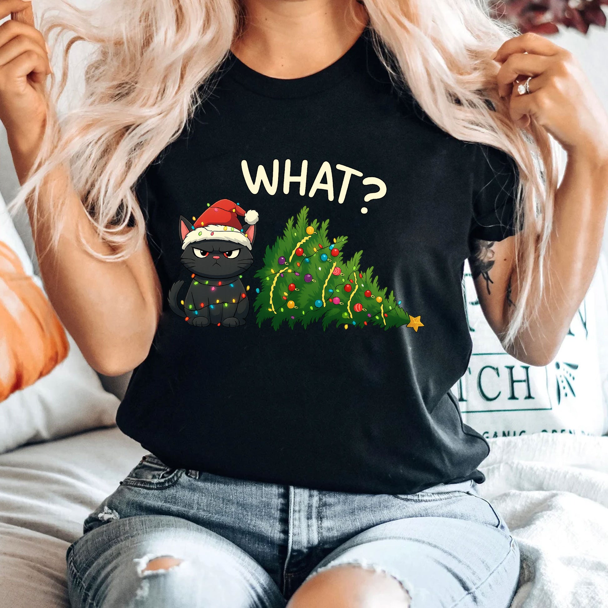 Cute Grumpy Cat Christmas T-Shirt Gift for Cat Lovers - Funny Xmas Design with Cat Wearing Santa Hat and Tree Decoration, Soft Tee
 - 4
