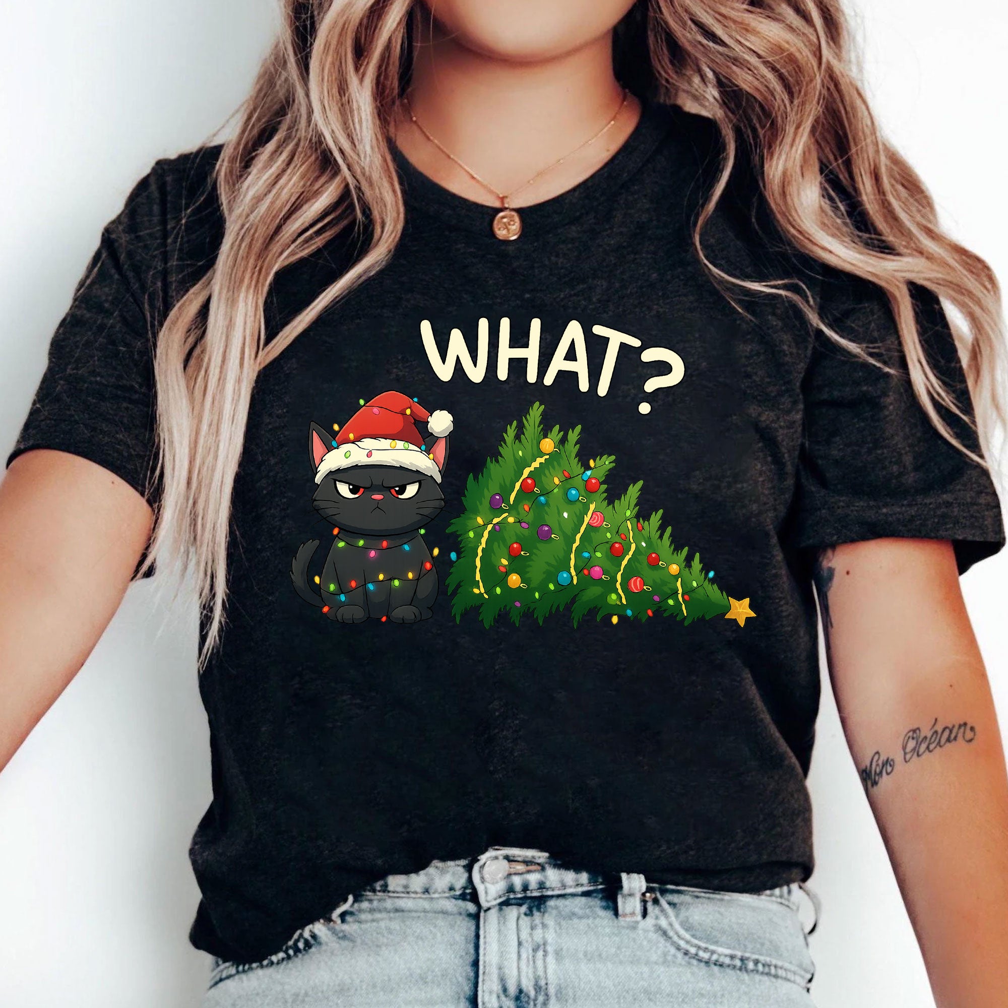Cute Grumpy Cat Christmas T-Shirt Gift for Cat Lovers - Funny Xmas Design with Cat Wearing Santa Hat and Tree Decoration, Soft Tee
 - 5
