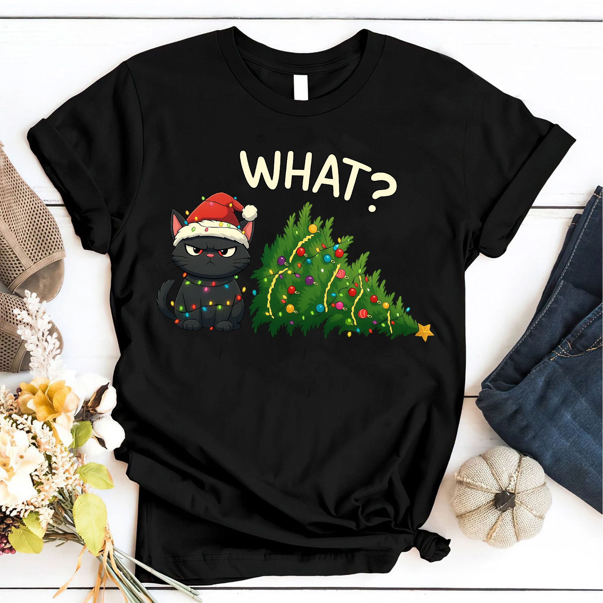 Cute Grumpy Cat Christmas T-Shirt Gift for Cat Lovers - Funny Xmas Design with Cat Wearing Santa Hat and Tree Decoration, Soft Tee
 - 6