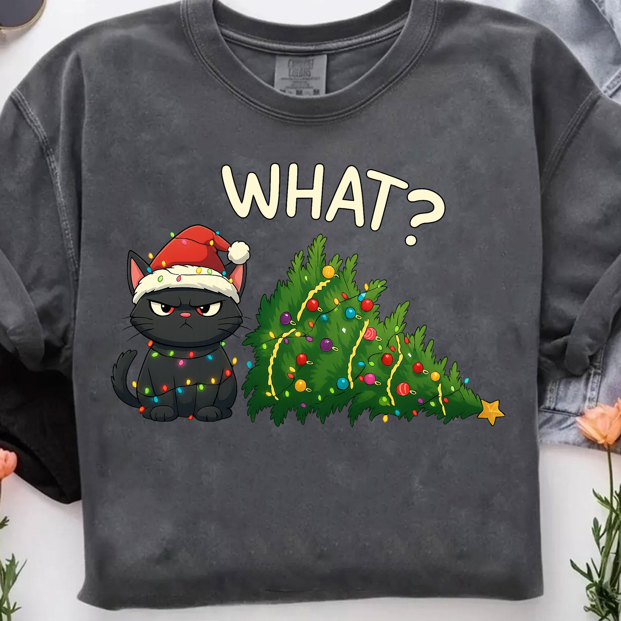Cute Grumpy Cat Christmas T-Shirt Gift for Cat Lovers - Funny Xmas Design with Cat Wearing Santa Hat and Tree Decoration, Soft Tee
 - 7