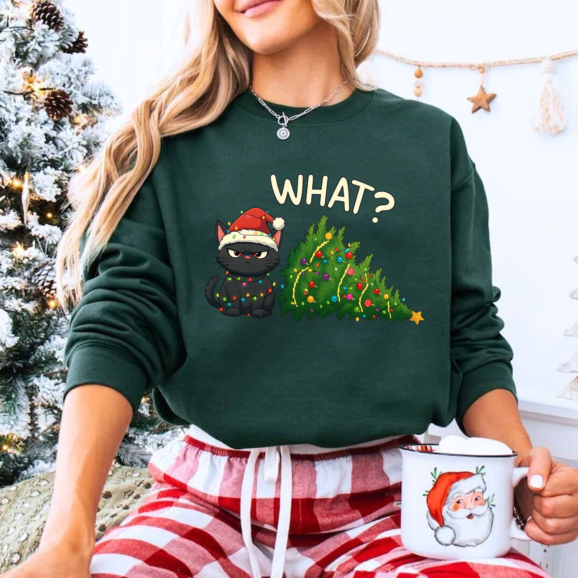 Cute Grumpy Cat Christmas T-Shirt Gift for Cat Lovers - Funny Xmas Design with Cat Wearing Santa Hat and Tree Decoration, Soft Tee
 - 8