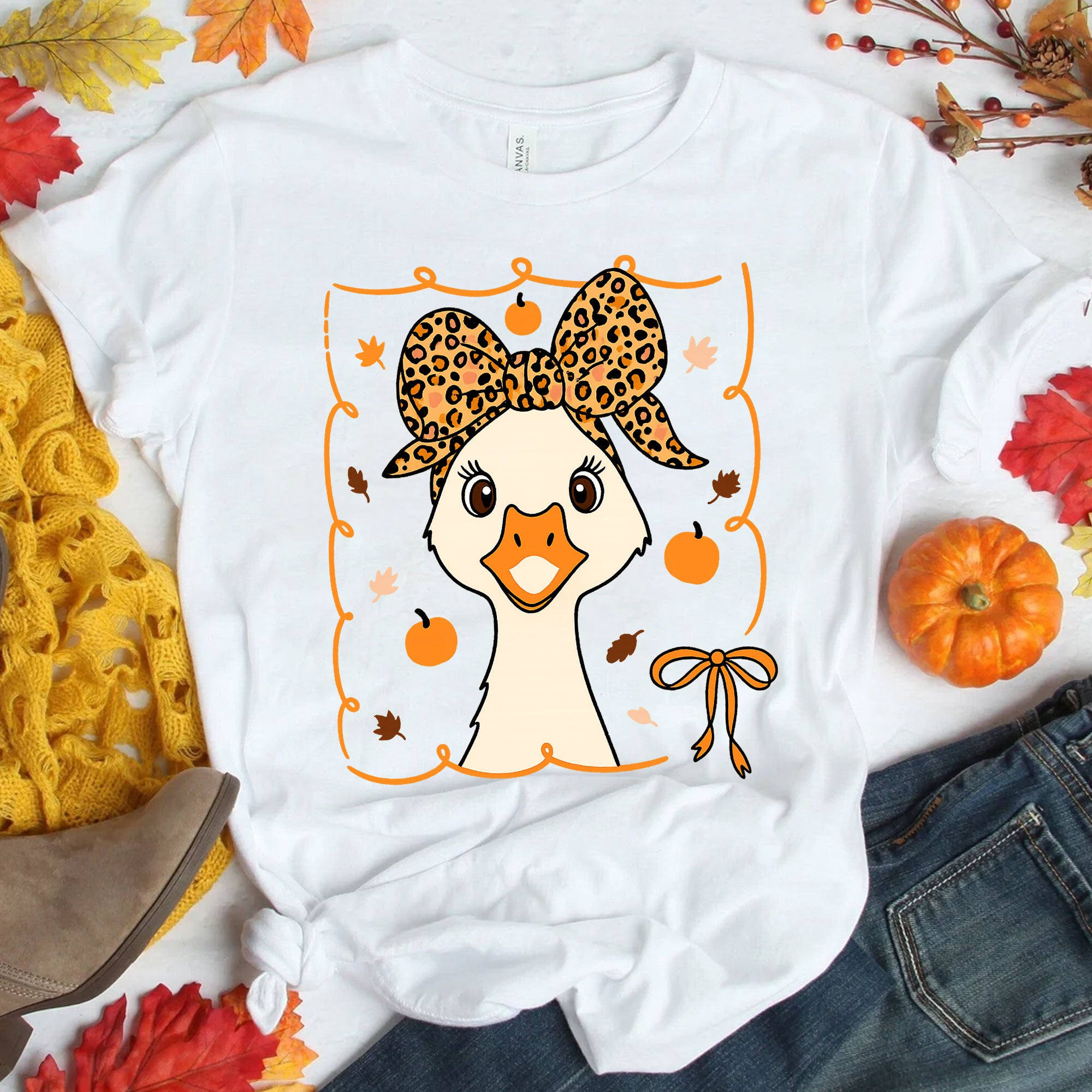 Cute Thanksgiving Goose Shirt for Women - Fall Harvest Graphic Tee with Adorable Pumpkin and Leaf Design - Holiday Leopard Bow Top
 - 1