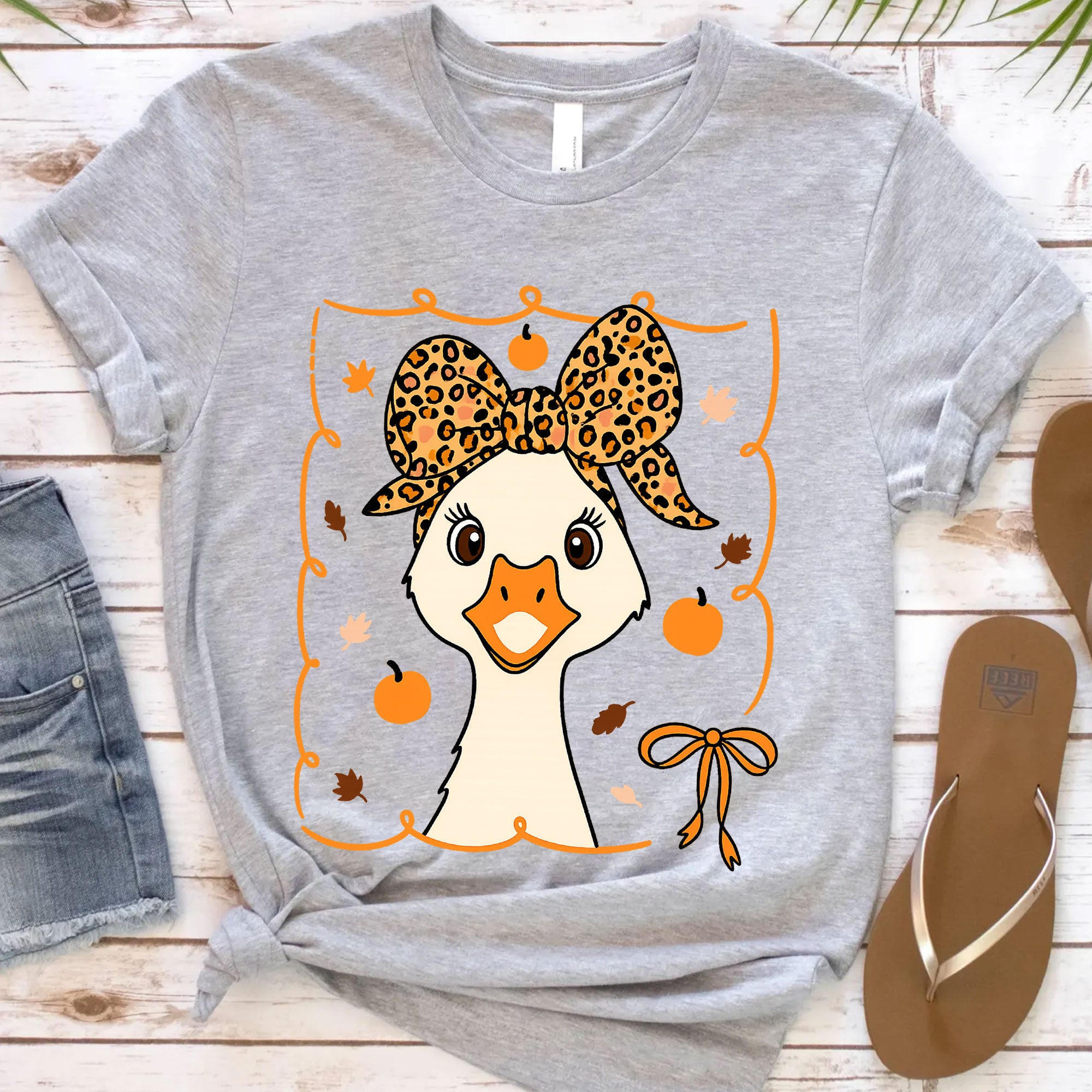 Cute Thanksgiving Goose Shirt for Women - Fall Harvest Graphic Tee with Adorable Pumpkin and Leaf Design - Holiday Leopard Bow Top
 - 12