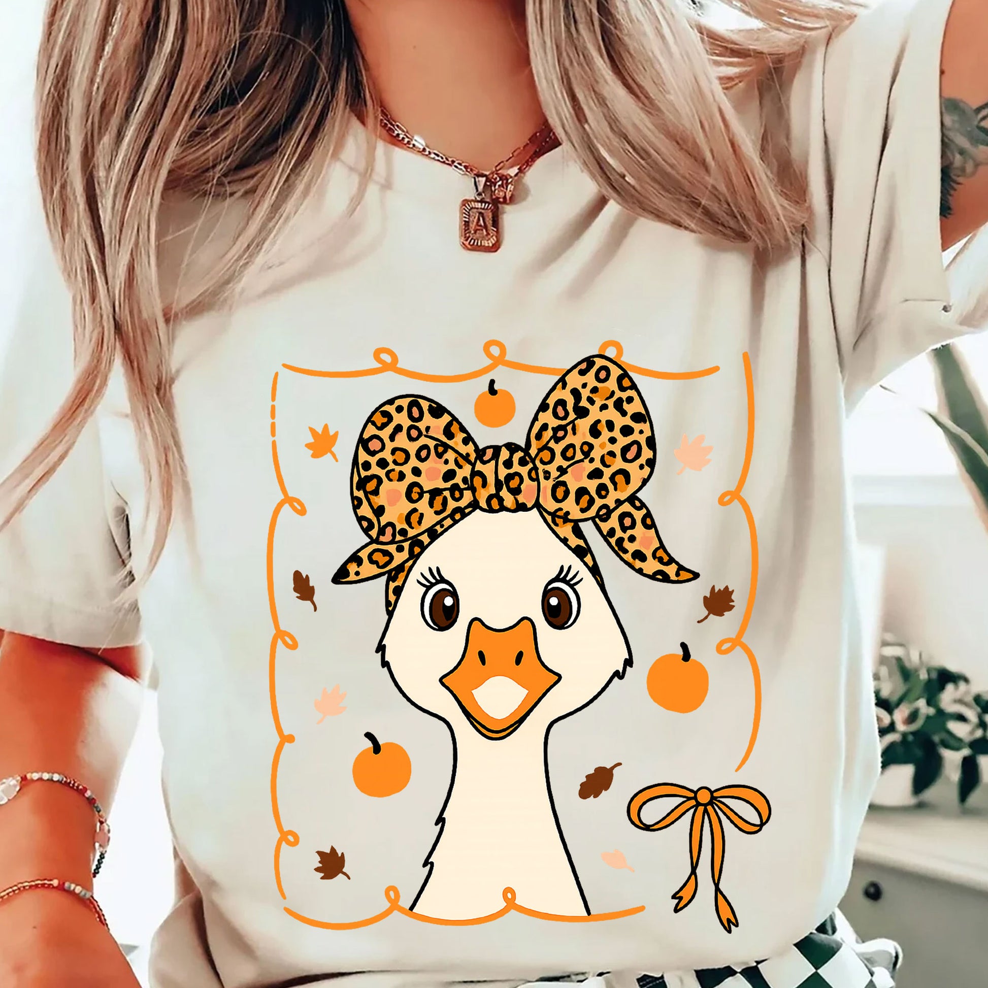Cute Thanksgiving Goose Shirt for Women - Fall Harvest Graphic Tee with Adorable Pumpkin and Leaf Design - Holiday Leopard Bow Top
 - 2