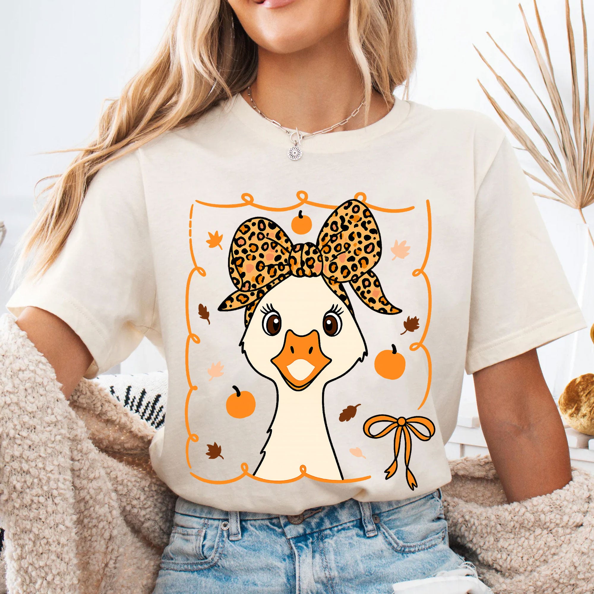Cute Thanksgiving Goose Shirt for Women - Fall Harvest Graphic Tee with Adorable Pumpkin and Leaf Design - Holiday Leopard Bow Top
 - 4
