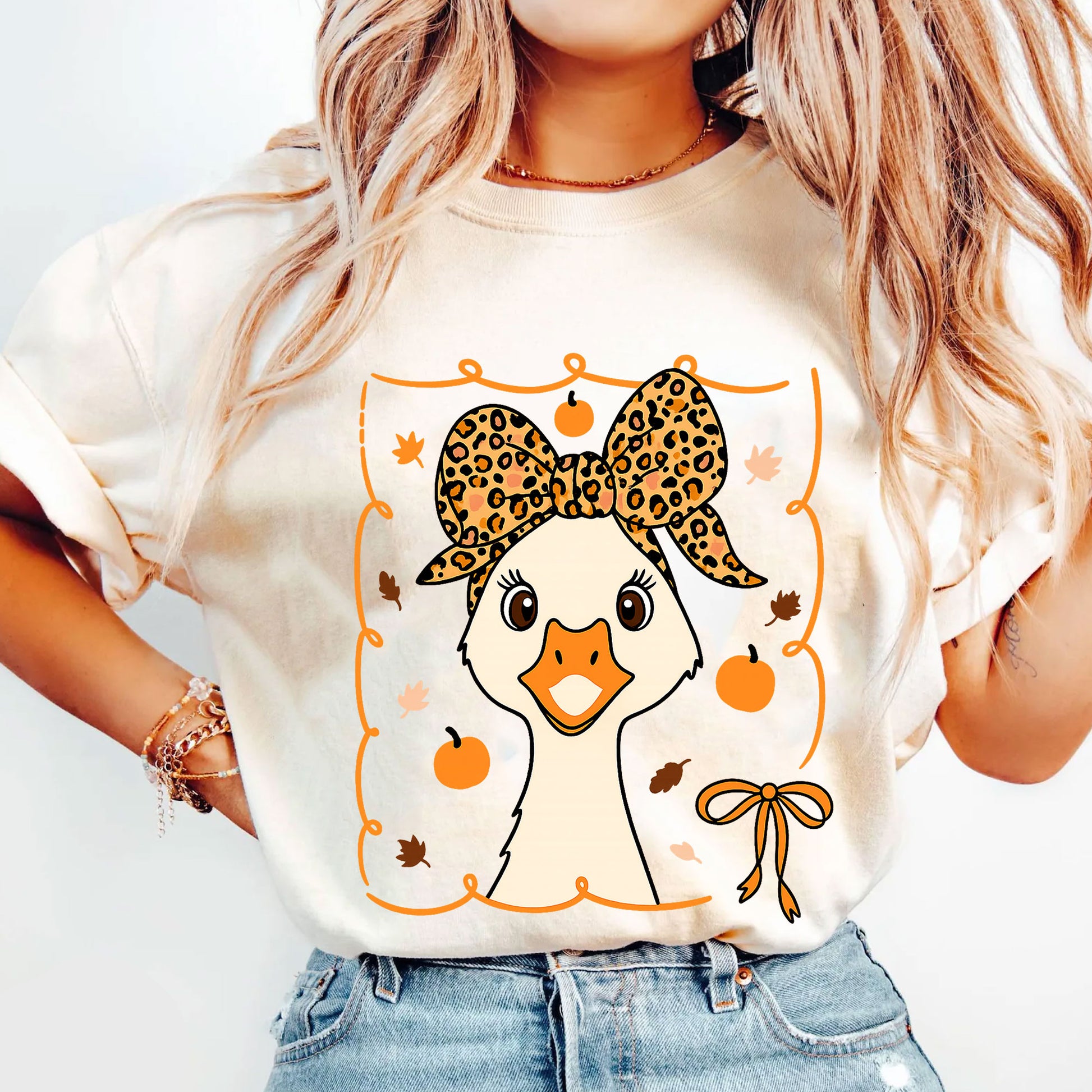 Cute Thanksgiving Goose Shirt for Women - Fall Harvest Graphic Tee with Adorable Pumpkin and Leaf Design - Holiday Leopard Bow Top
 - 5