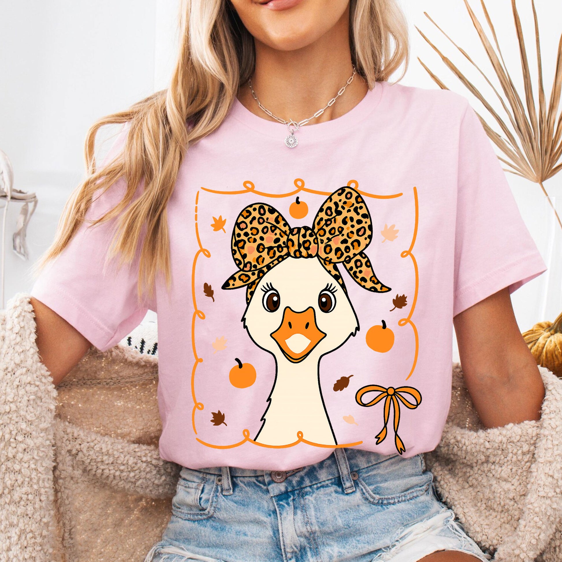 Cute Thanksgiving Goose Shirt for Women - Fall Harvest Graphic Tee with Adorable Pumpkin and Leaf Design - Holiday Leopard Bow Top
 - 6